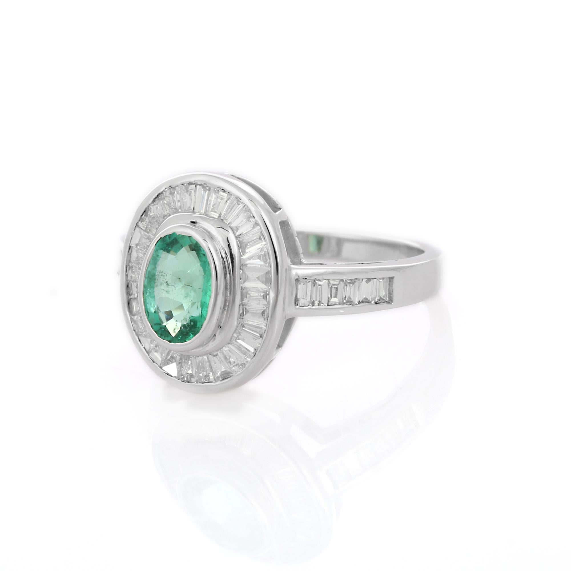 For Sale:  1.56 Carat Emerald Cocktail Ring with Halo of Diamonds in 18K White Gold  4
