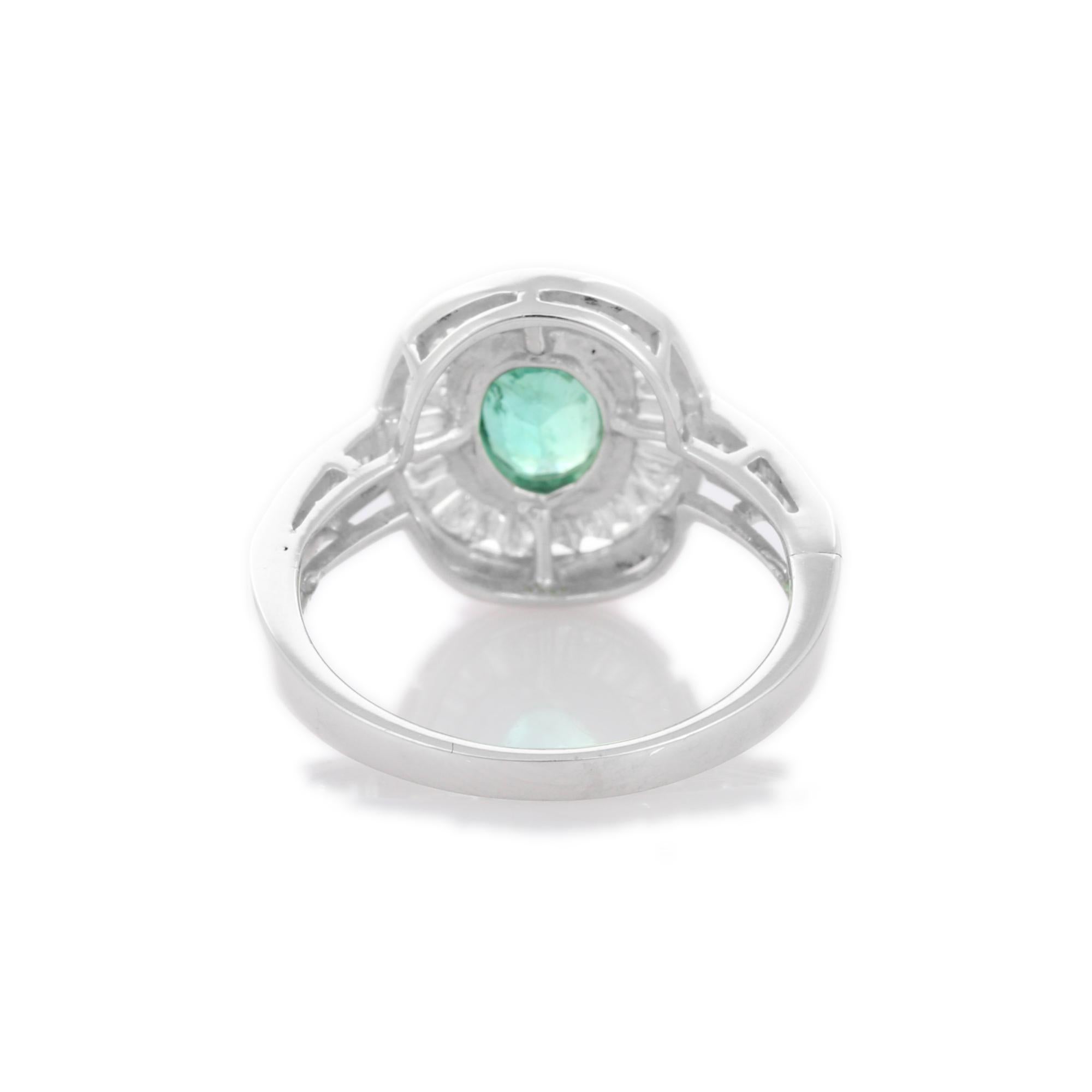 For Sale:  1.56 Carat Emerald Cocktail Ring with Halo of Diamonds in 18K White Gold  6