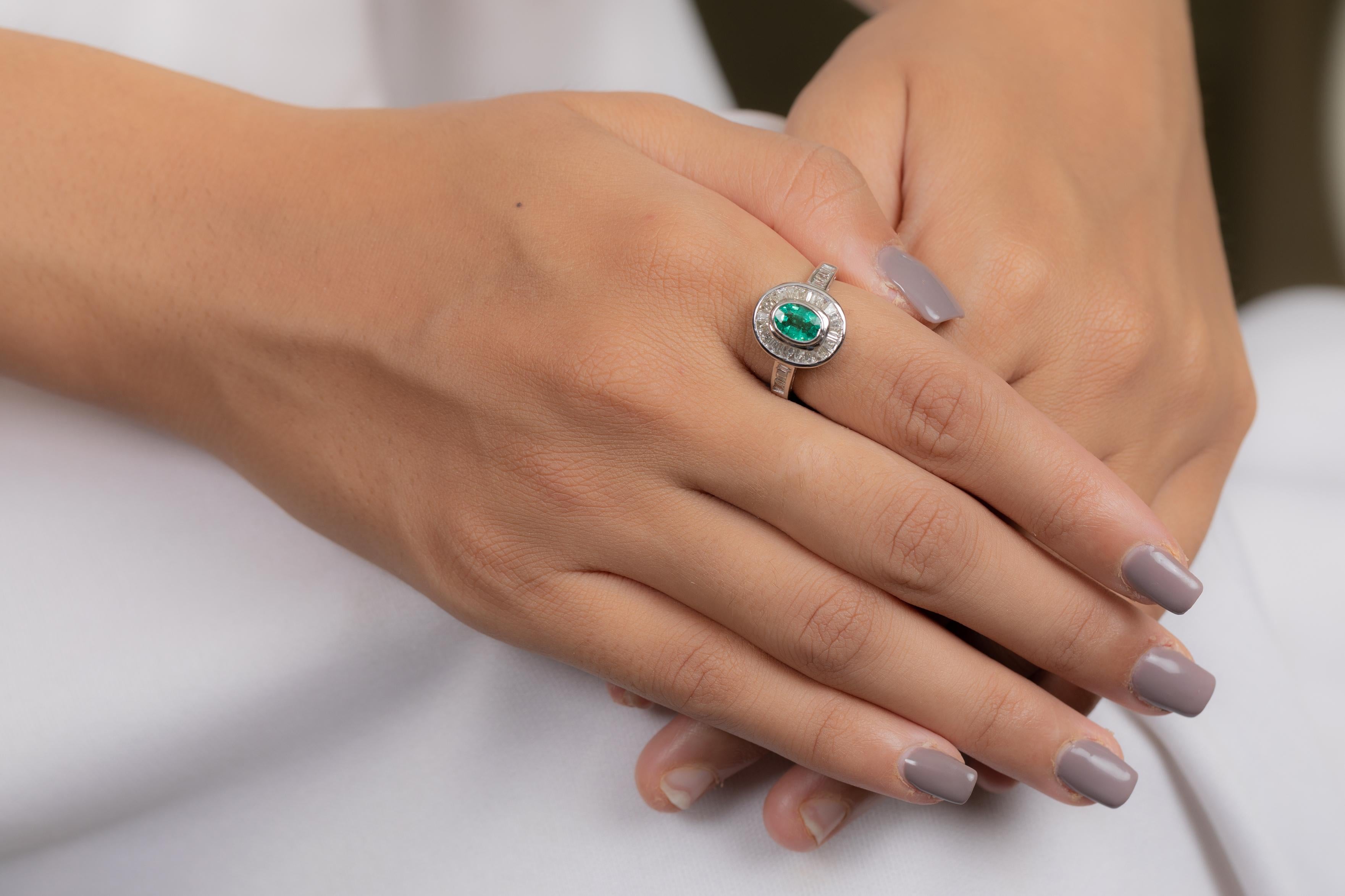 For Sale:  1.56 Carat Emerald Cocktail Ring with Halo of Diamonds in 18K White Gold  7