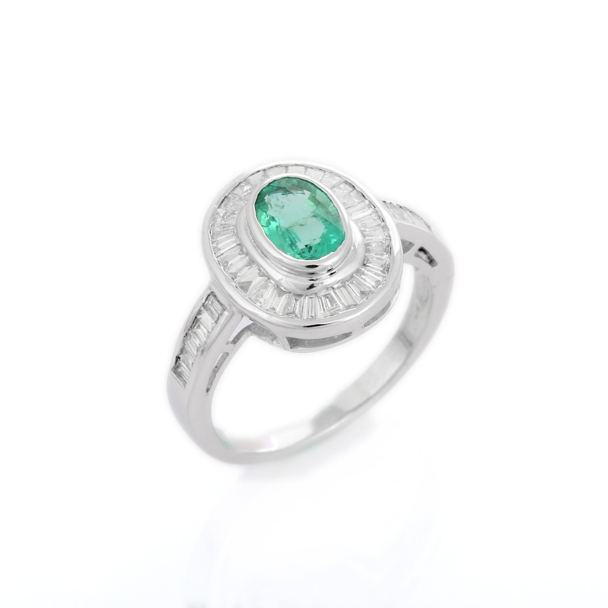For Sale:  1.56 Carat Emerald Cocktail Ring with Halo of Diamonds in 18K White Gold  8
