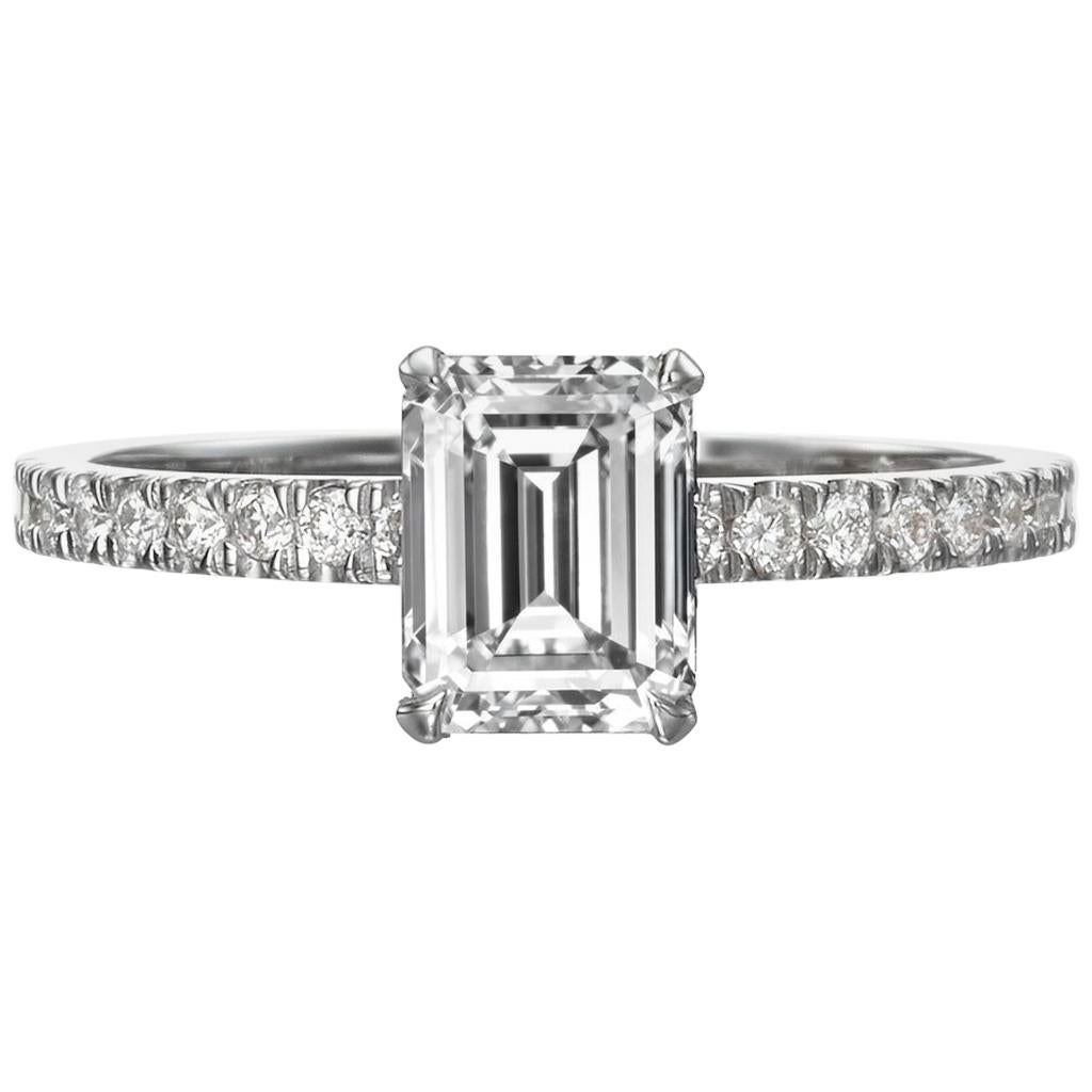 1.56 Carat Emerald Cut Diamond Engagement Ring on 18 Karat White Gold For Sale