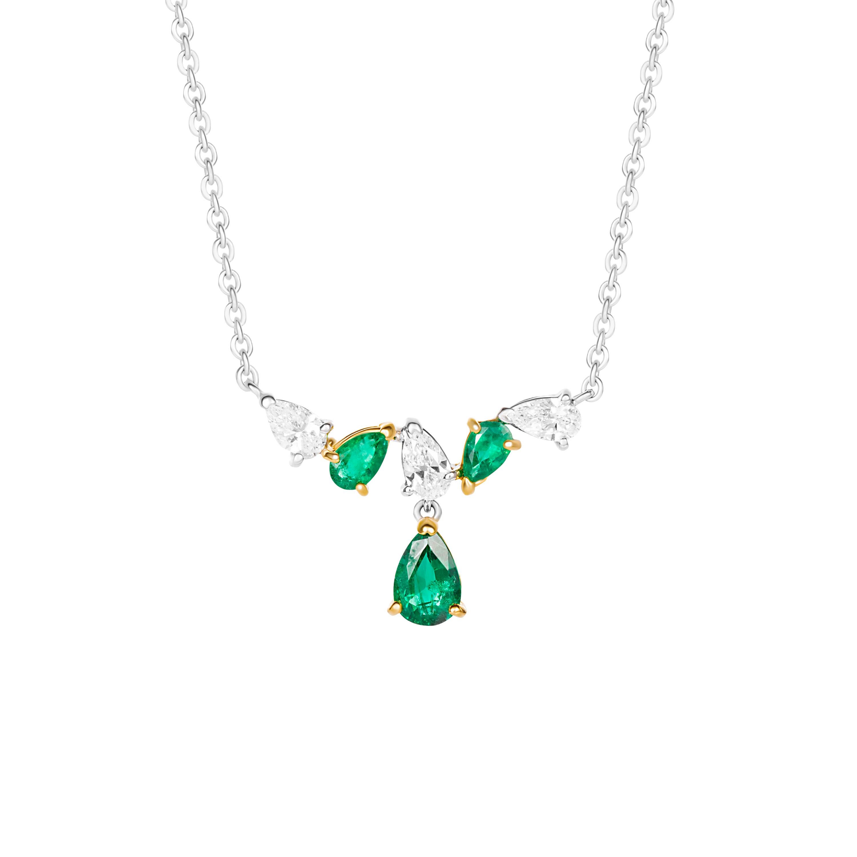 Butani's necklace is made from two-tone 18-karat white and yellow gold and encrusted with 0.89 carats of pear-cut emeralds and 0.60 carats of pear-cut diamonds.  A single rose-cut round diamond (0.07 carats) sits delicately on the chain.  Chain