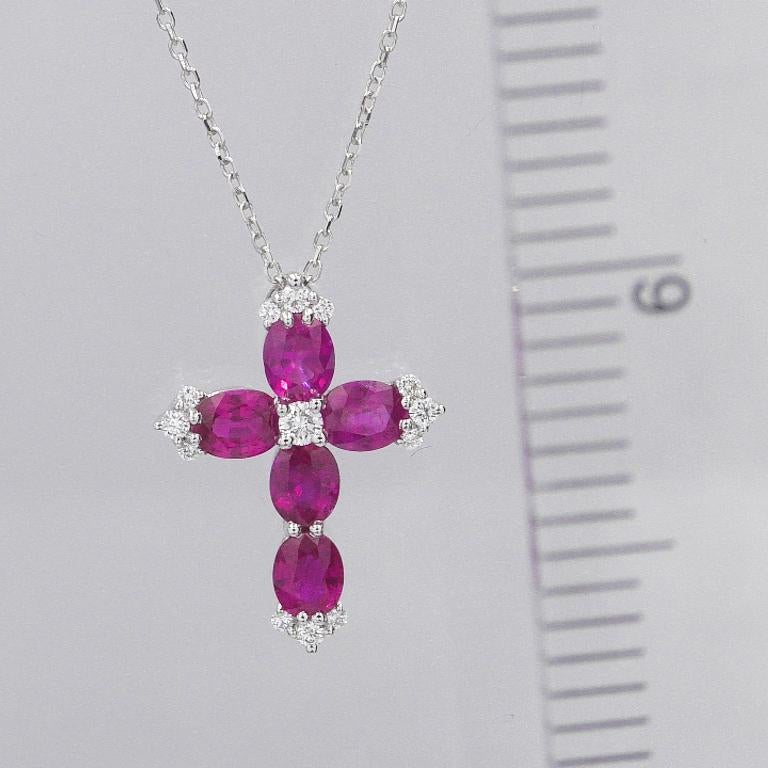 Contemporary 1.56 Carat Fine Burmese Ruby and 0.15 Carat Diamond Cross Pendant in 18W Ref2404 For Sale