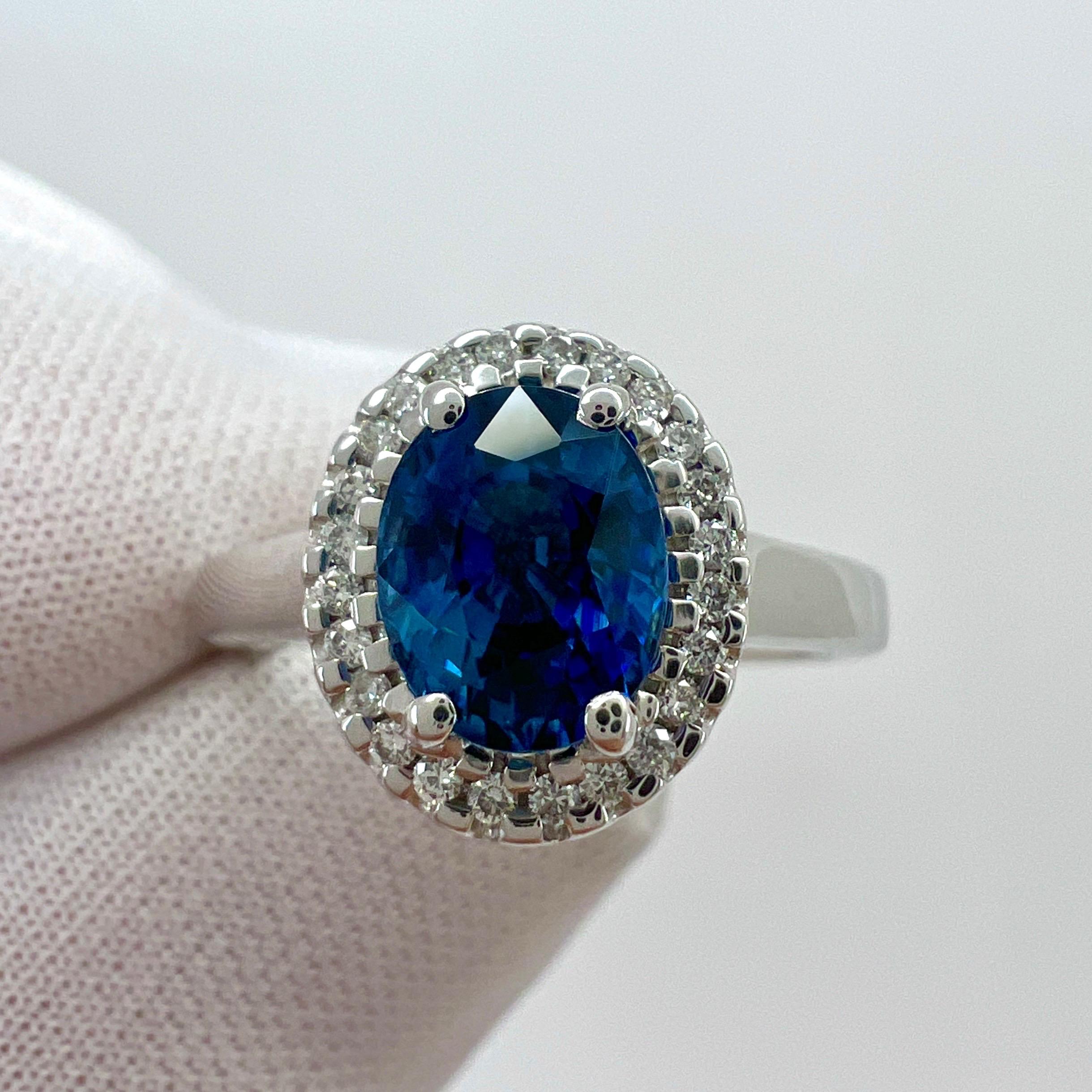 Women's or Men's 1.56 Carat Fine Vivid Blue Ceylon Sapphire And Diamond 18k White Gold Halo Ring For Sale