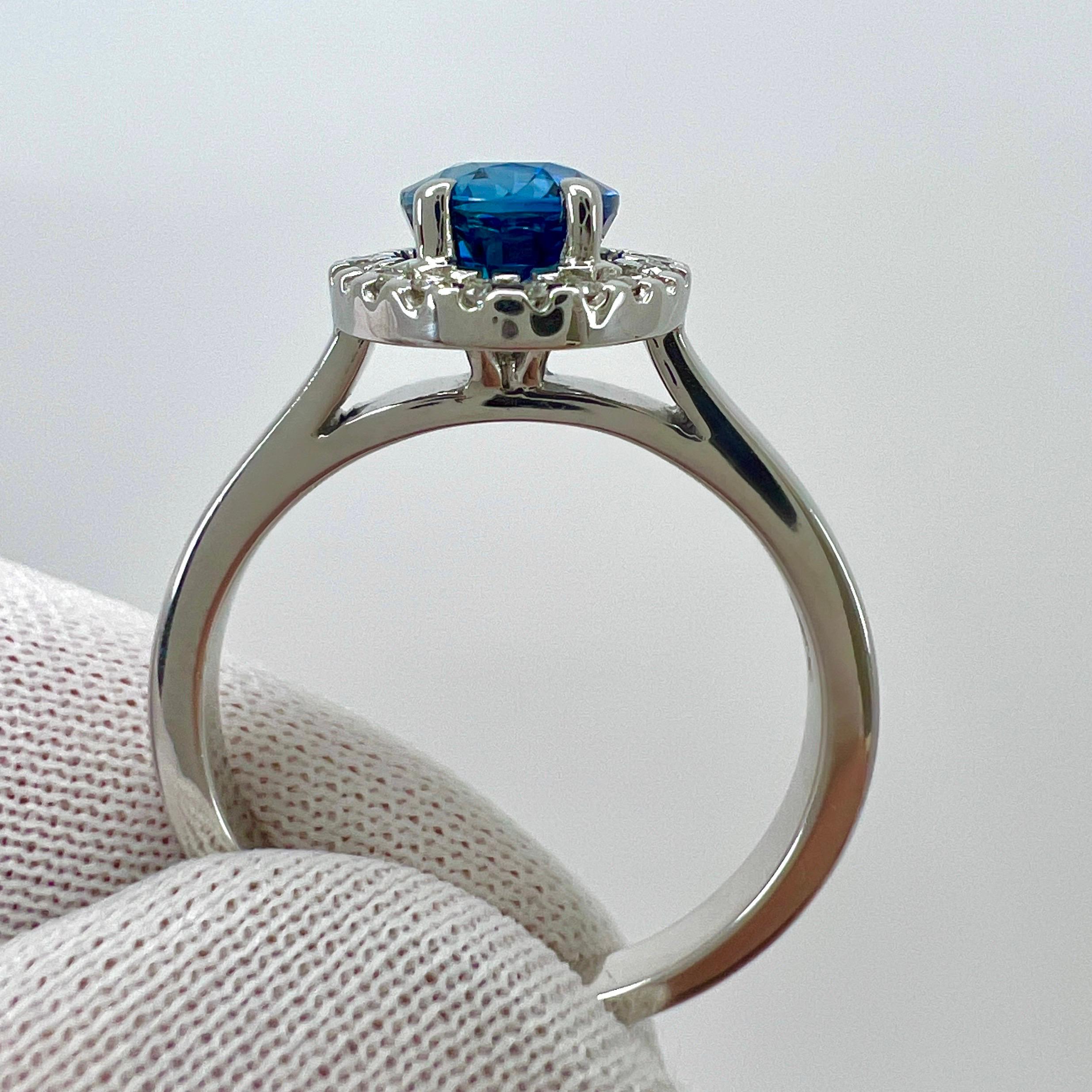 1.56 Carat Fine Vivid Blue Ceylon Sapphire And Diamond 18k White Gold Halo Ring For Sale 2