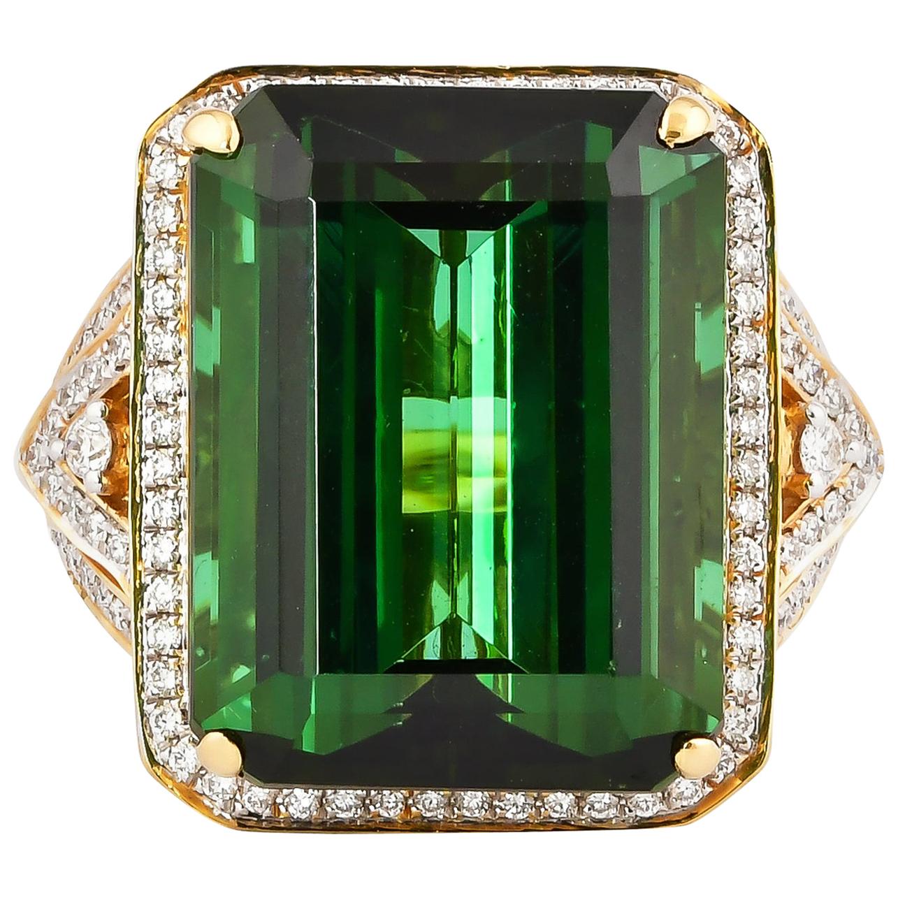 15.6 Carat Green Tourmaline and White Diamond Ring in 18 Karat Yellow Gold