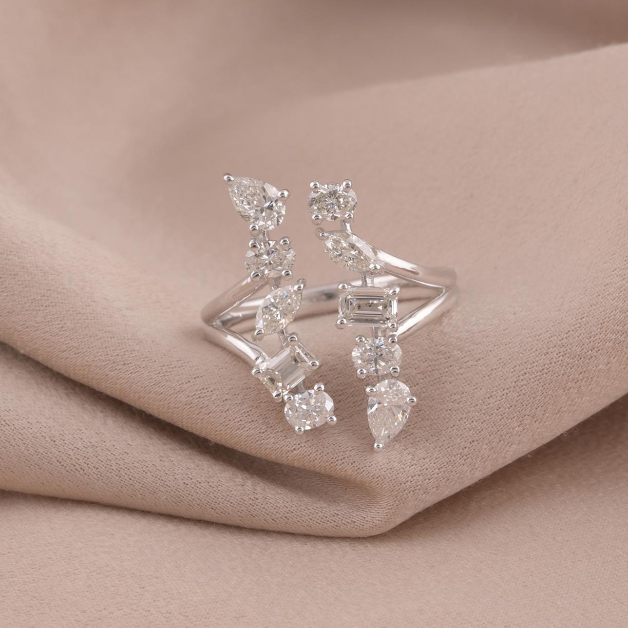 Modern 1.56 Carat Multi Shape Diamond Cuff Ring 18 Karat White Gold Handmade Jewelry For Sale