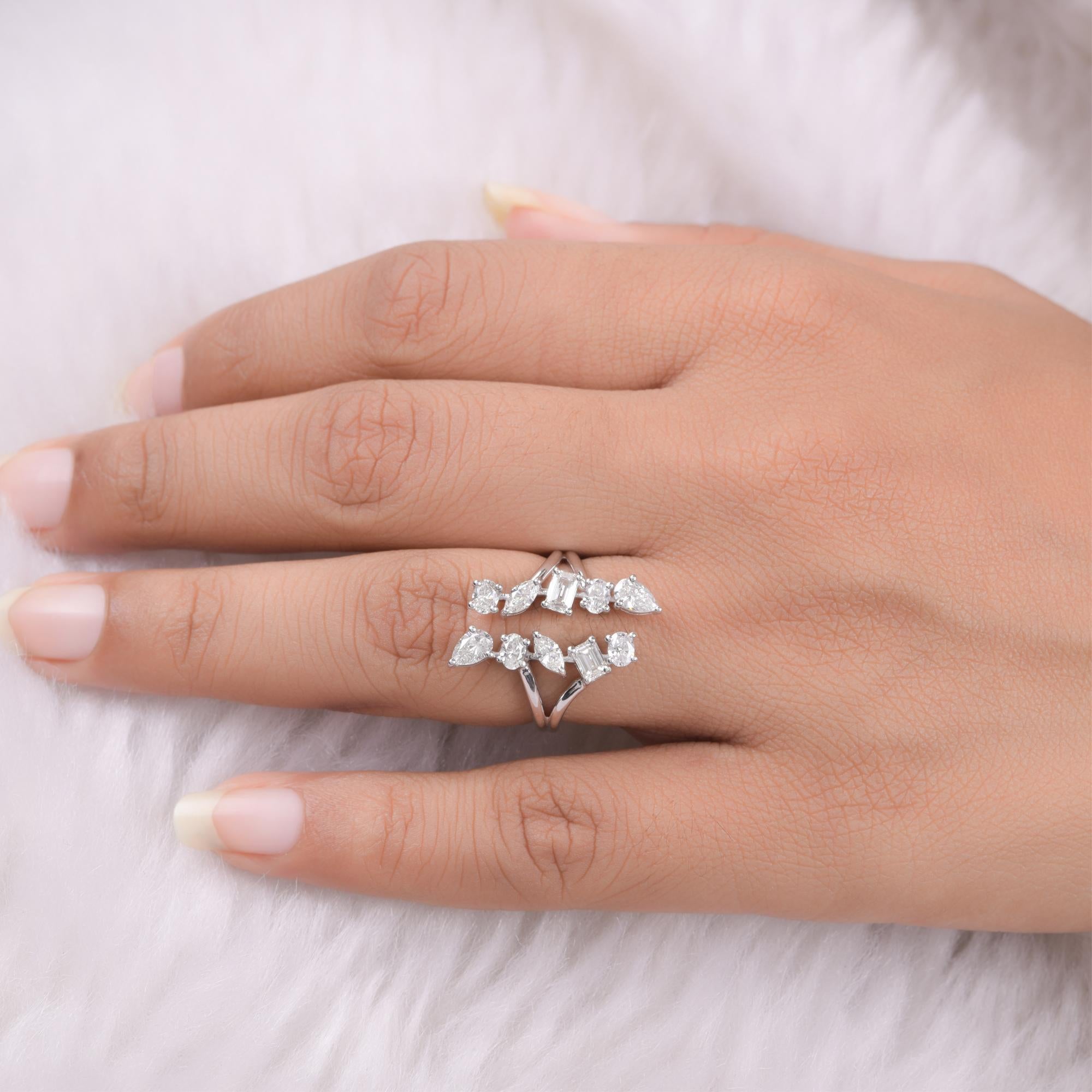 Women's 1.56 Carat Multi Shape Diamond Cuff Ring 18 Karat White Gold Handmade Jewelry For Sale