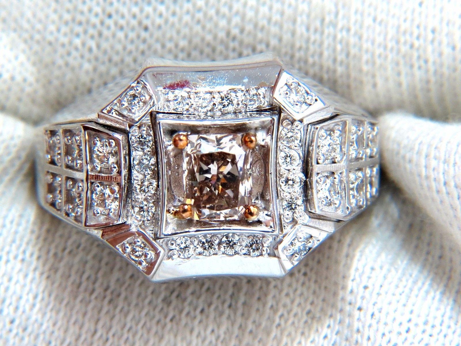 Radiant Cut 1.56 Carat Natural Fancy Color Diamond Men's Ring 18 Karat Pinkish Brown Blinger