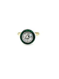 1.56 Carat Old European Cut Diamonds and Emerald Platinum and Gold Ring