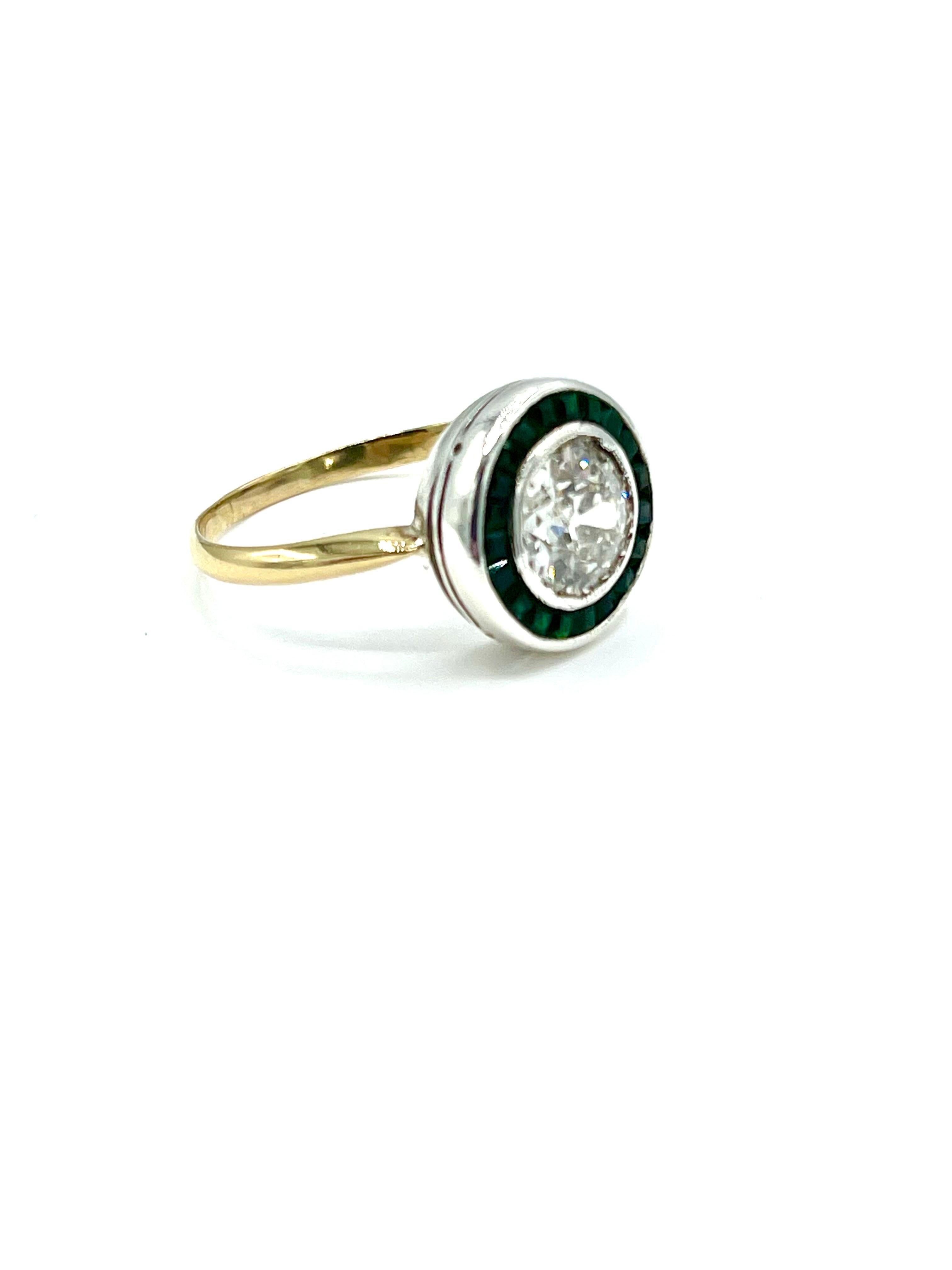 Victorian 1.56 Carat Old European Cut Diamonds and Emerald Platinum and Gold Ring
