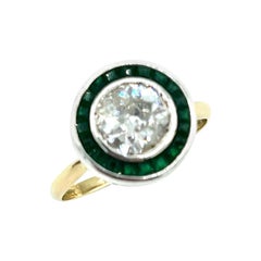 1.56 Carat Old European Cut Diamonds and Emerald Platinum and Gold Ring