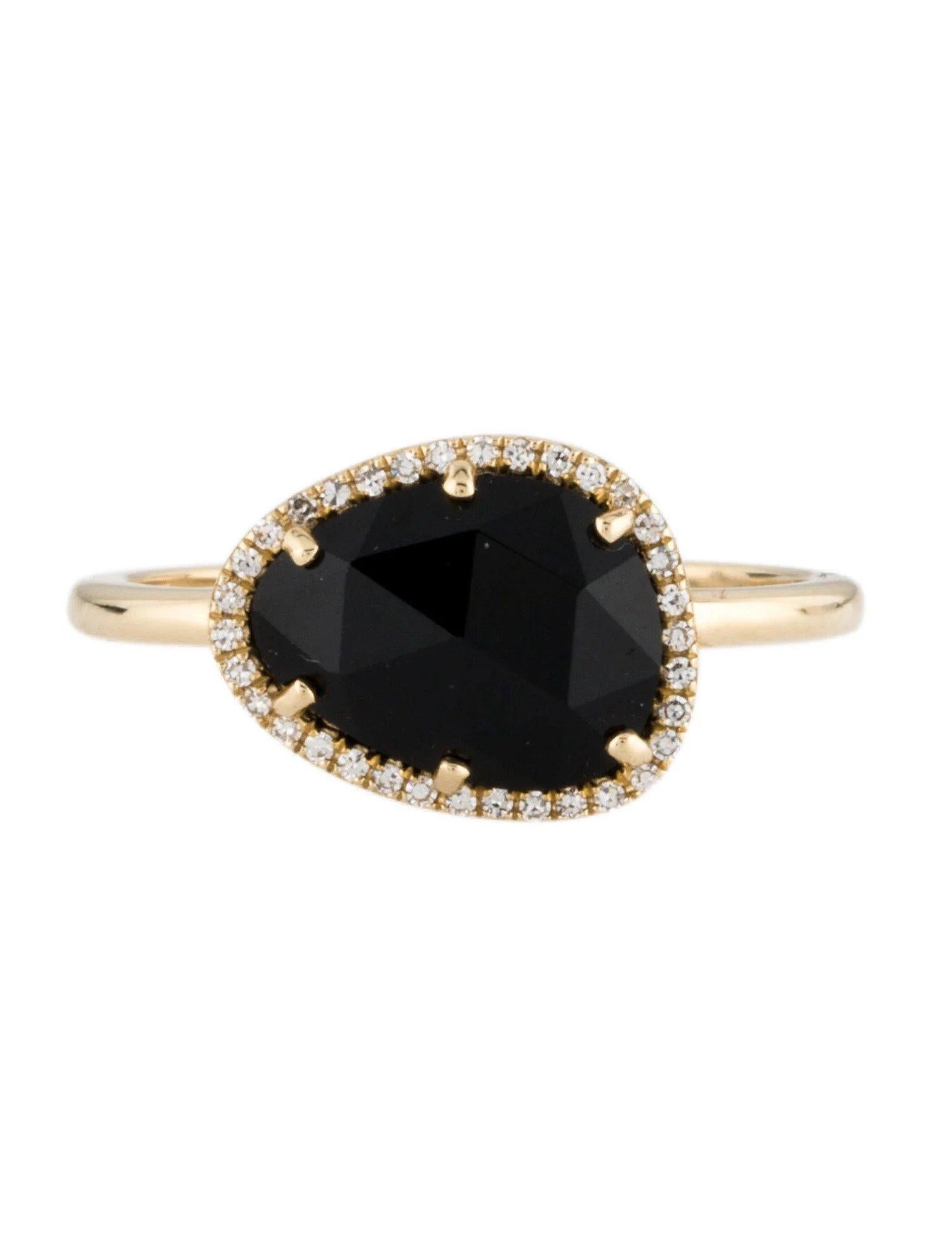 This Onyx & Diamond Ring is a stunning and timeless accessory that can add a touch of glamour and sophistication to any outfit. 

This ring features a 1.56 Carat Onyx (12 x 9 MM), with a Diamond Halo comprised of 0.08 Carats of Single Cut Round