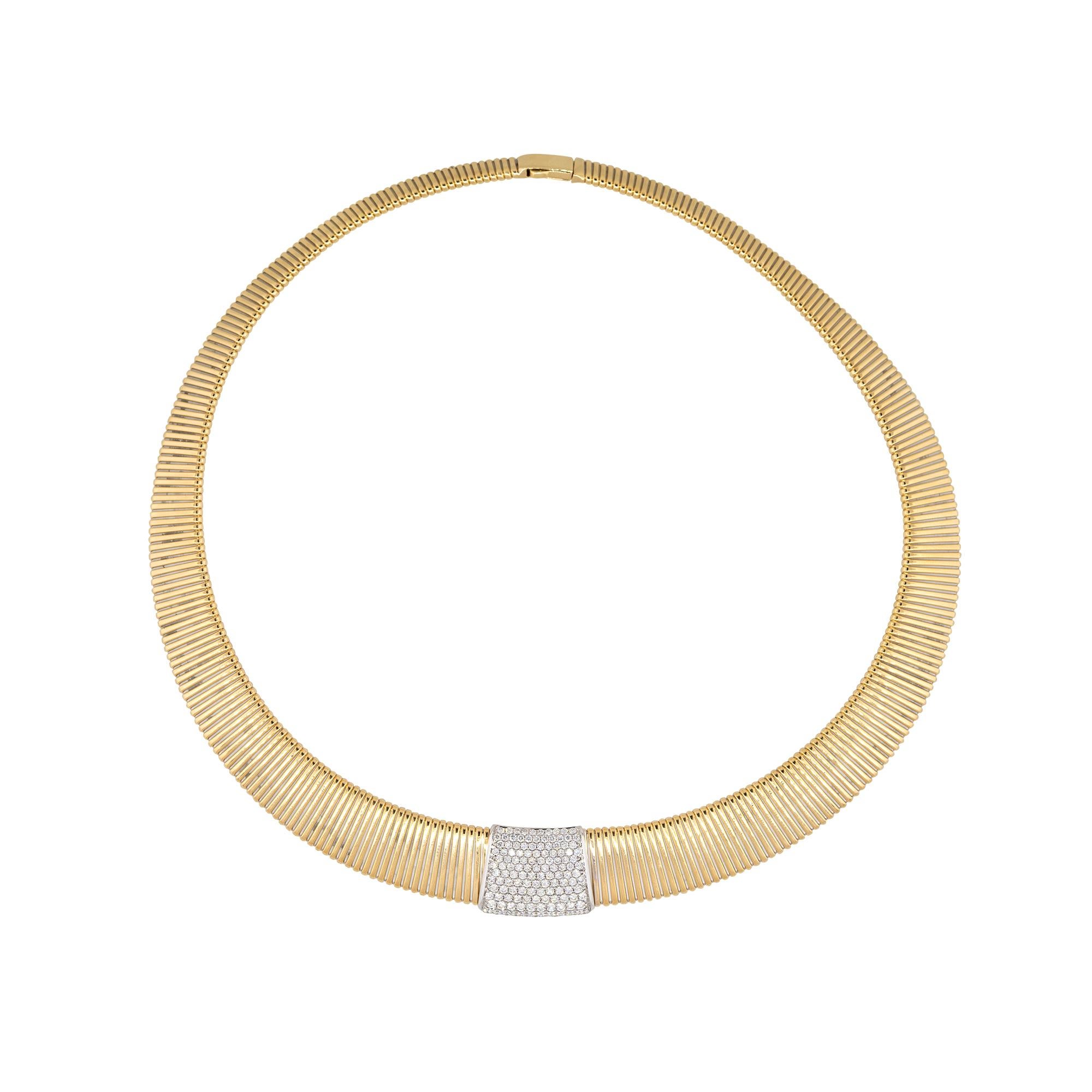 18k Two-Tone Gold 1.56ctw Pave Diamond Station Ribbed Collar Necklace

Product: Pave Diamond Station Collar Necklace
Material: 18 Karat White and Yellow Gold
Diamond Details: There are approximately 1.56 carats of Round Brilliant cut