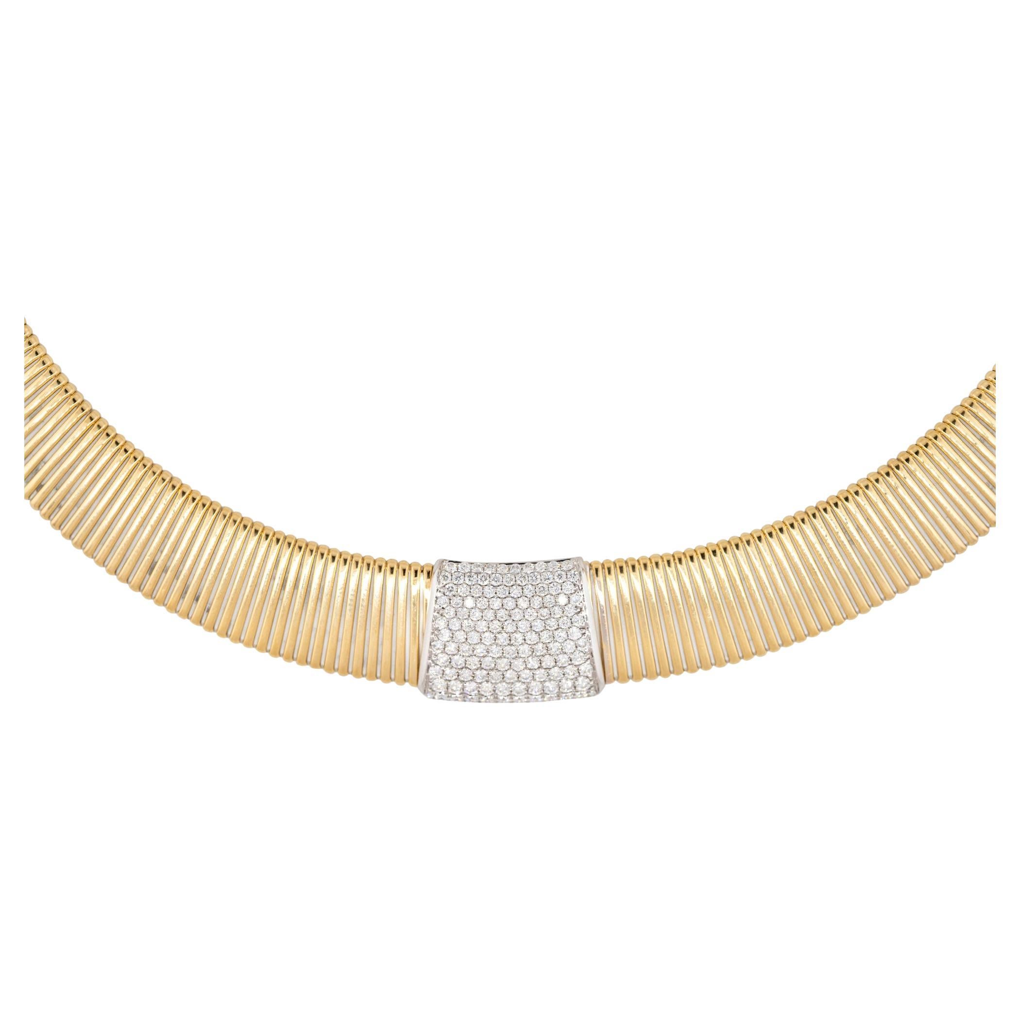 1.56 Carat Pave Diamond Station Ribbed Collar Necklace 18 Karat In Stock  For Sale