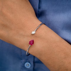 1.56Ct Pear Cut Ruby 0.42Ct Marquise Diamond Bangle Cuff Bracelet 18K White Gold