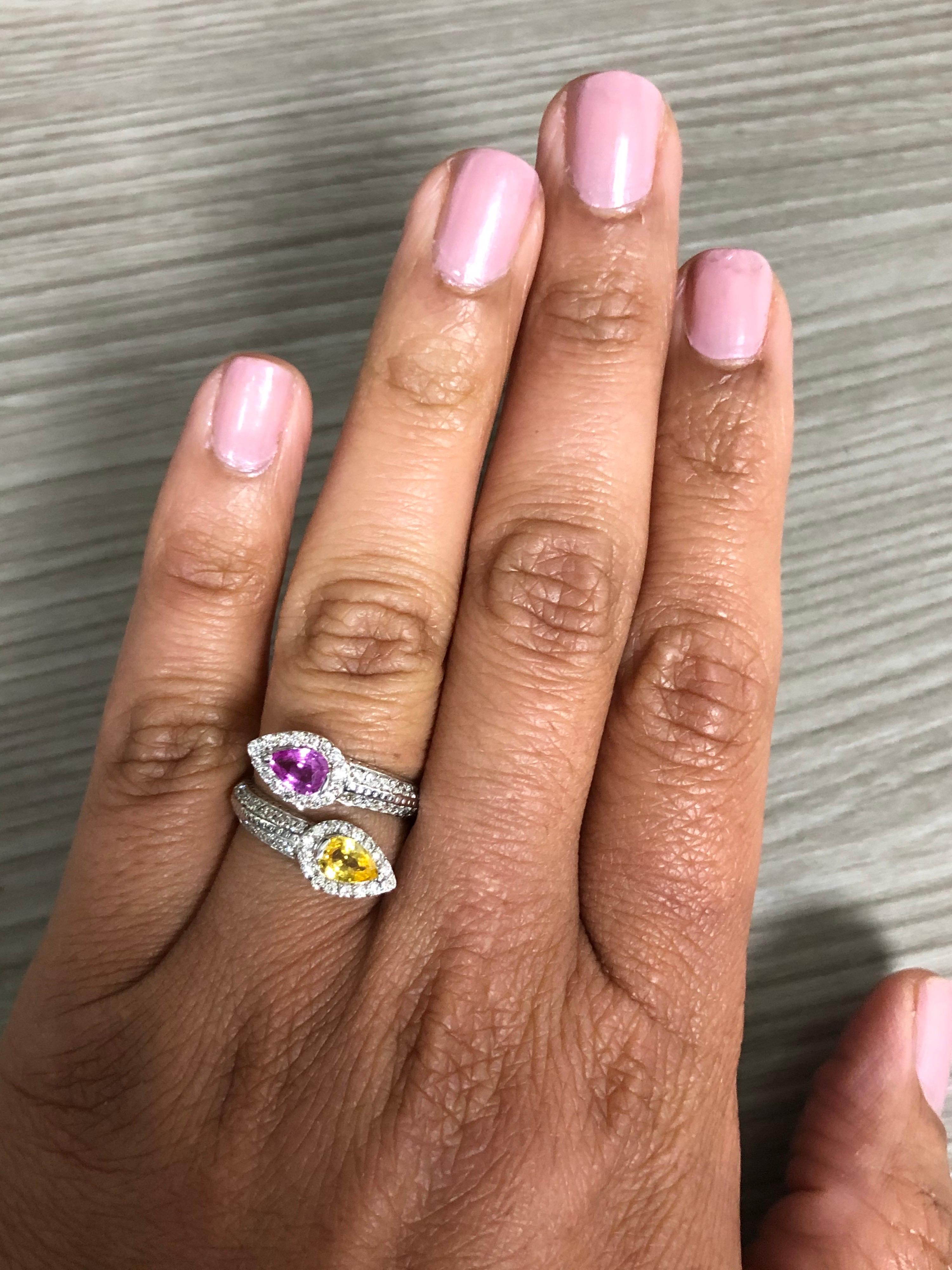 Pear Cut 1.56 Carat Pink and Yellow Sapphire Diamond Cocktail Ring For Sale
