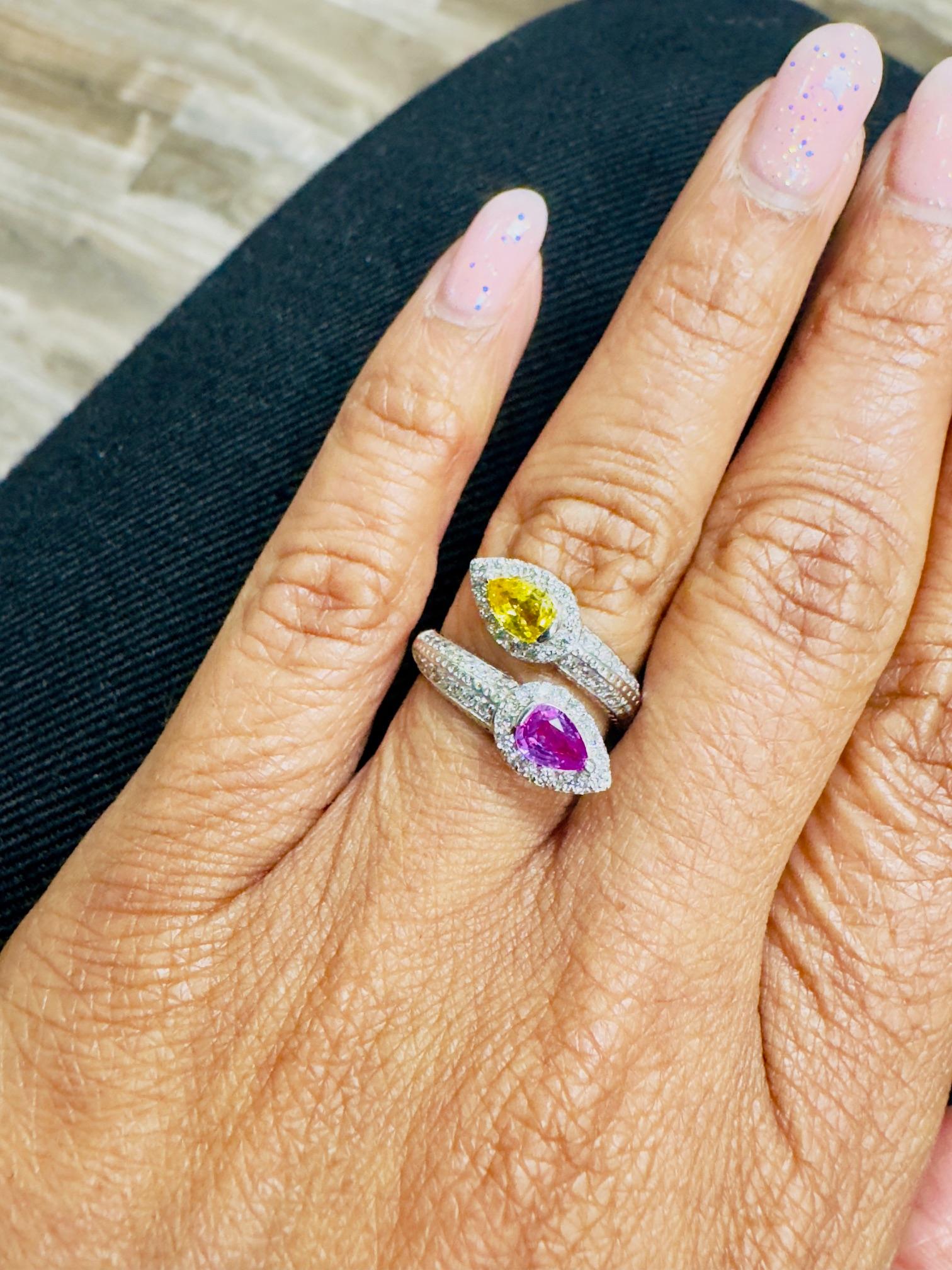Pear Cut 1.56 Carat Pink and Yellow Sapphire Diamond Cocktail Ring For Sale
