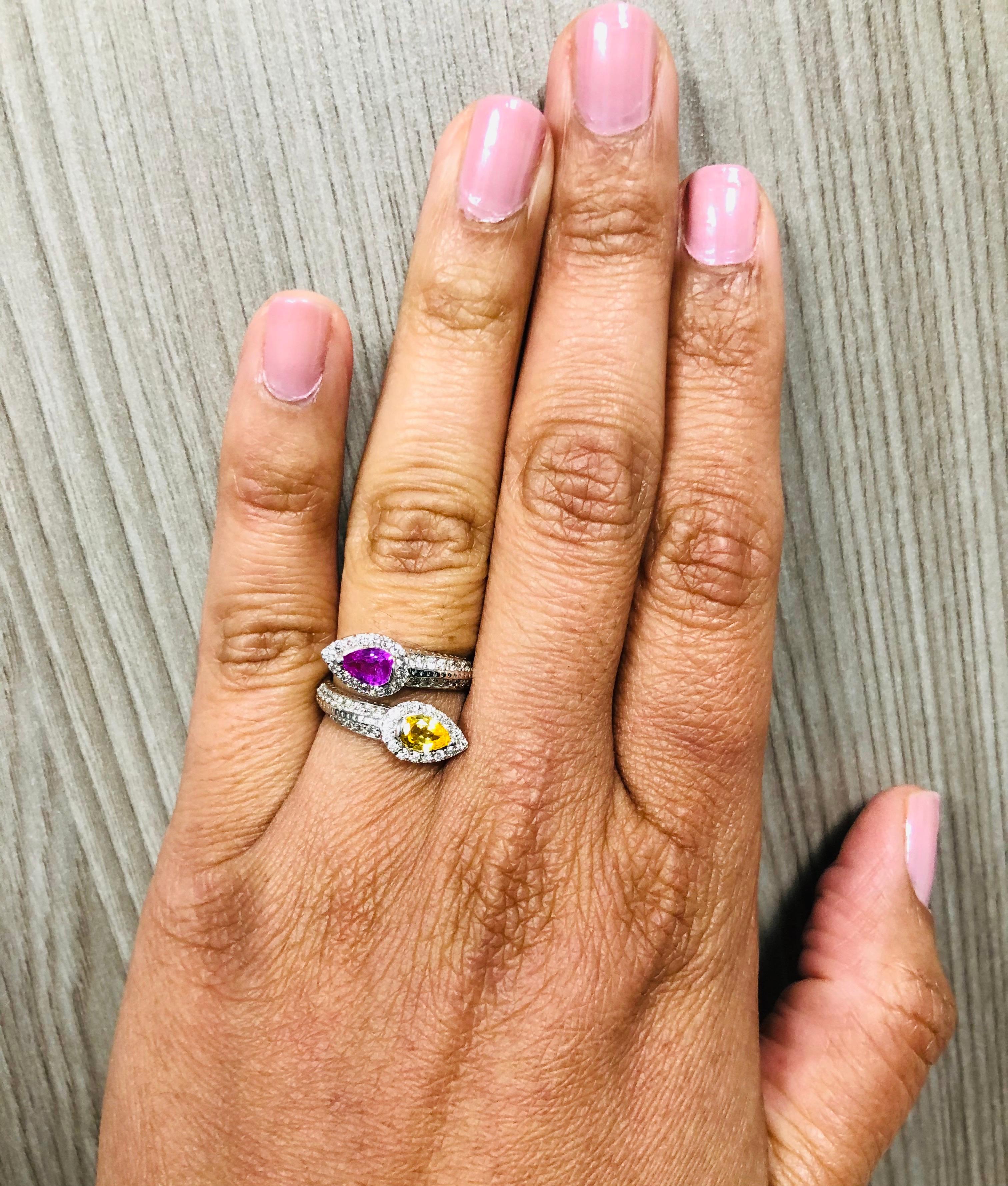 Women's 1.56 Carat Pink and Yellow Sapphire Diamond Cocktail Ring For Sale