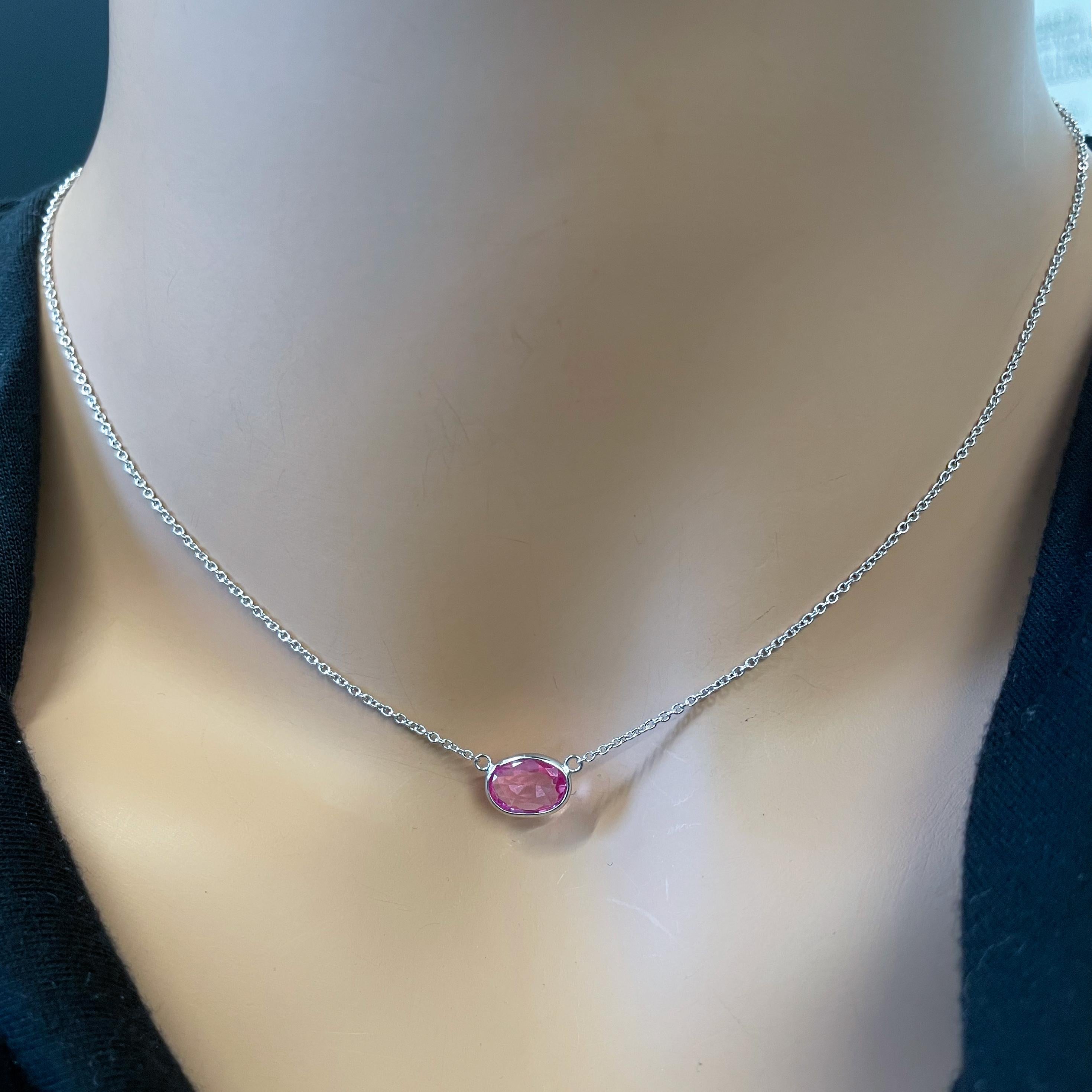 1.56 Carat Pink Padparadschah Oval Cut Fashion Necklaces In 14K White Gold  In New Condition For Sale In Chicago, IL