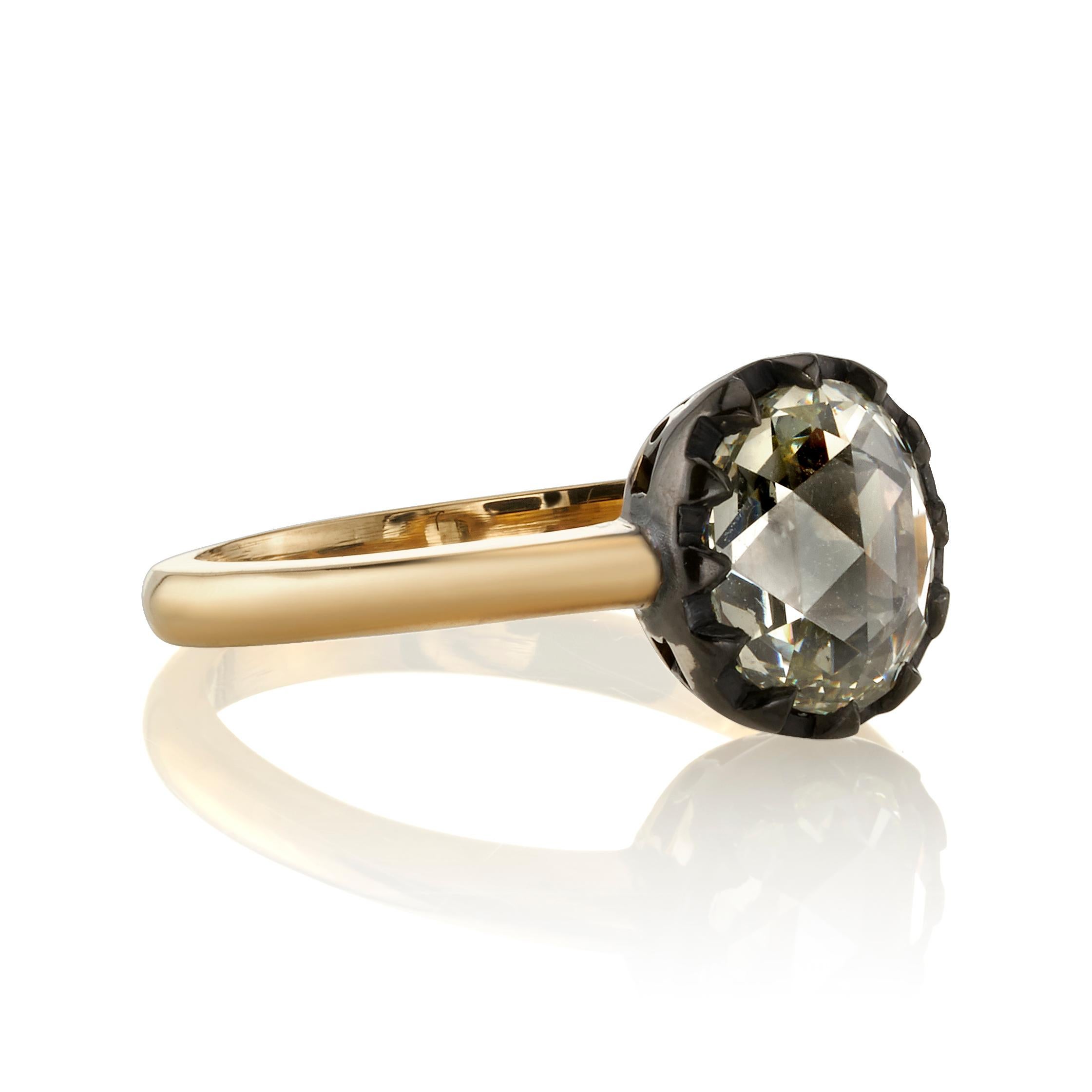 1.56ct L/SI2 GIA certified oval-shaped rose cut diamond set in a handcrafted 18k yellow gold and oxidized silver mounting. 

Ring is currently size 6. Please contact us about potential re-sizing.

Our jewelry is made locally in Los Angeles and most