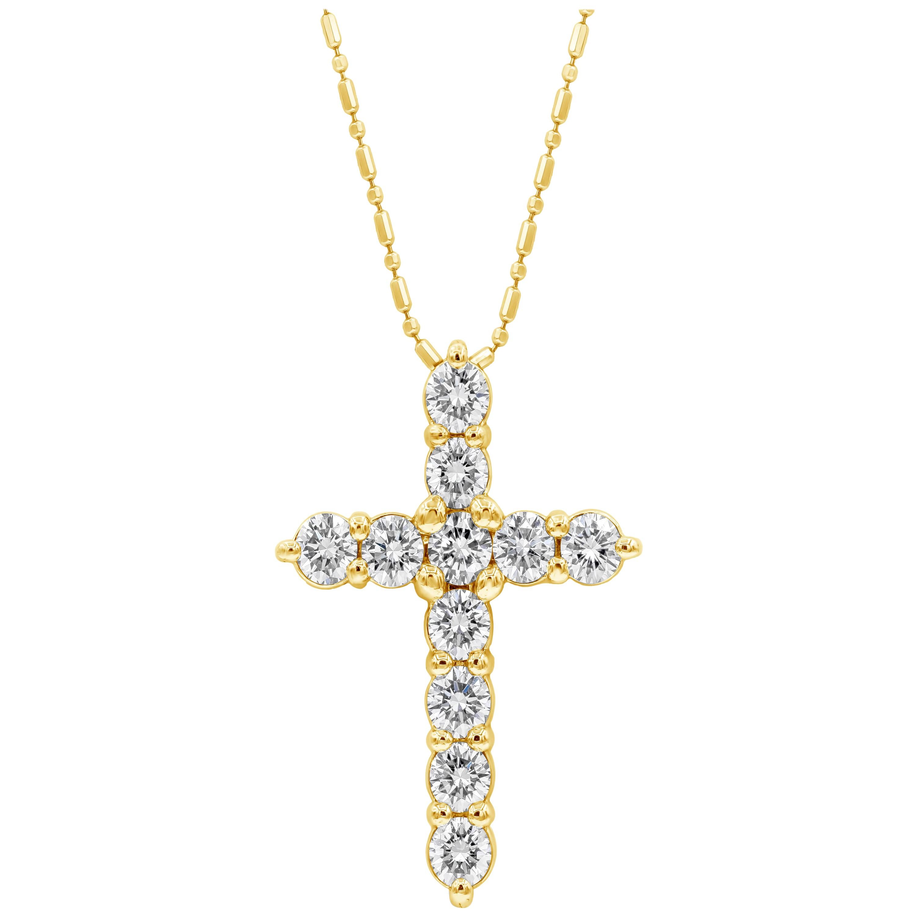 Roman Malakov 1.56 Carat Round Diamond Cross Pendant Necklace in Yellow Gold