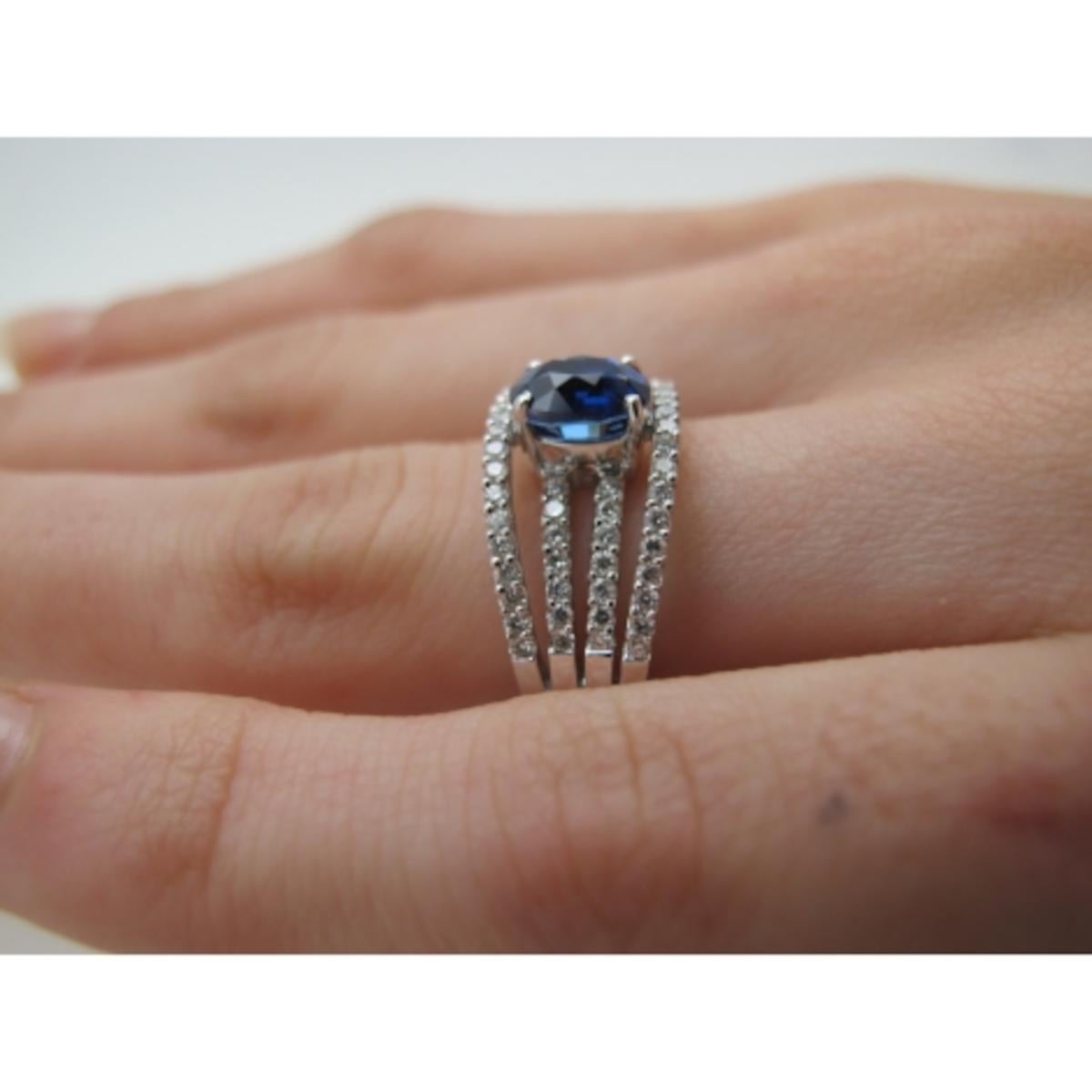 Royal Blue Sapphire and 4-Row Diamond Engagement Ring in White Gold, 1.56 Carat  For Sale 7