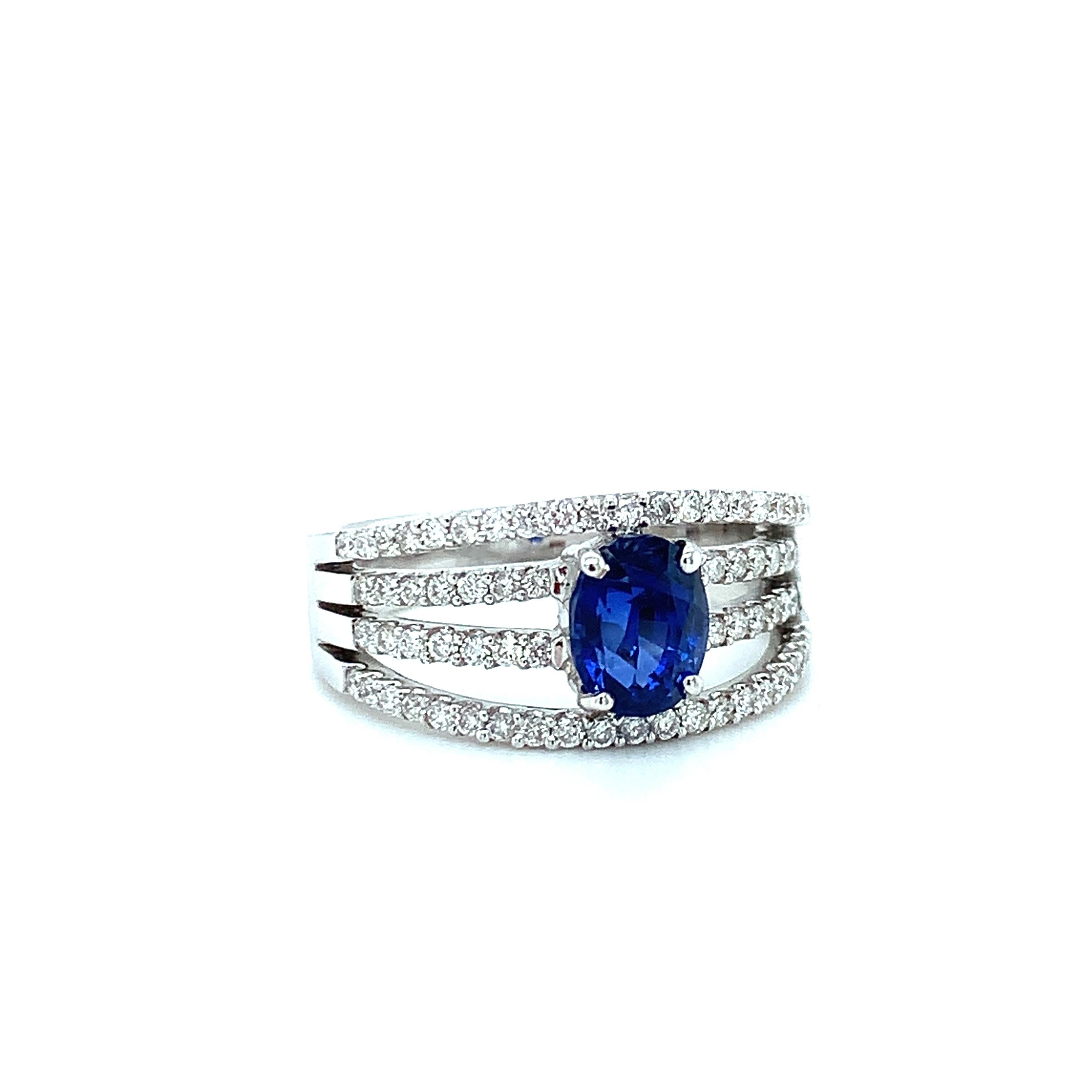 Artisan Royal Blue Sapphire and 4-Row Diamond Engagement Ring in White Gold, 1.56 Carat  For Sale