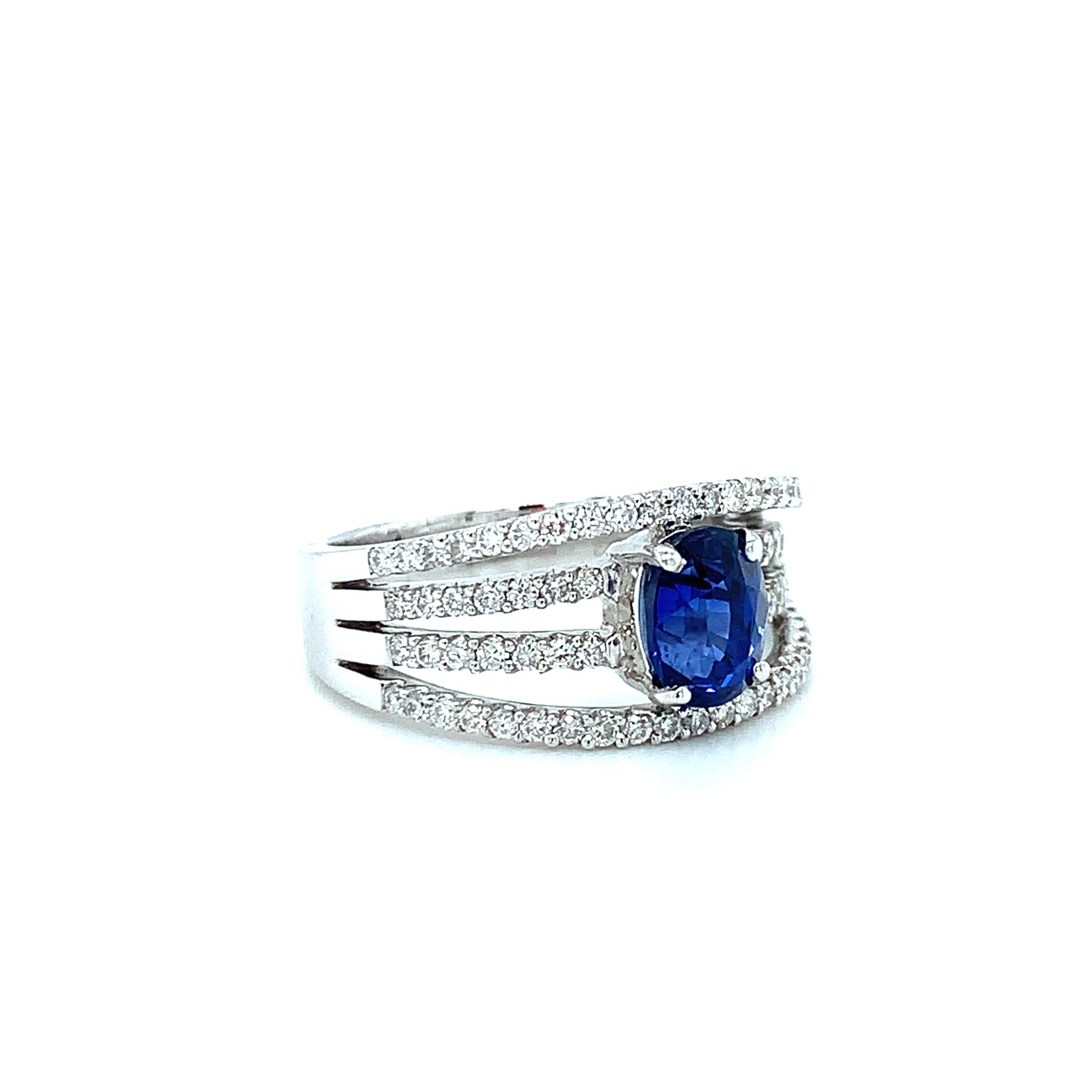 Oval Cut Royal Blue Sapphire and 4-Row Diamond Engagement Ring in White Gold, 1.56 Carat  For Sale