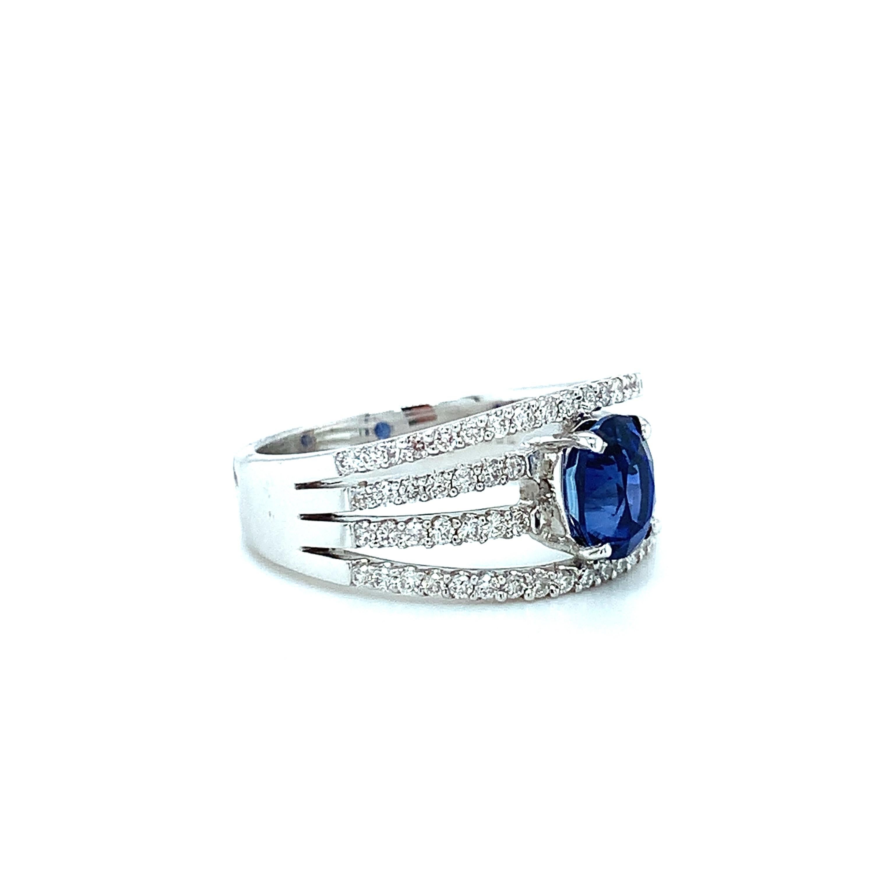 Royal Blue Sapphire and 4-Row Diamond Engagement Ring in White Gold, 1.56 Carat  In New Condition For Sale In Los Angeles, CA