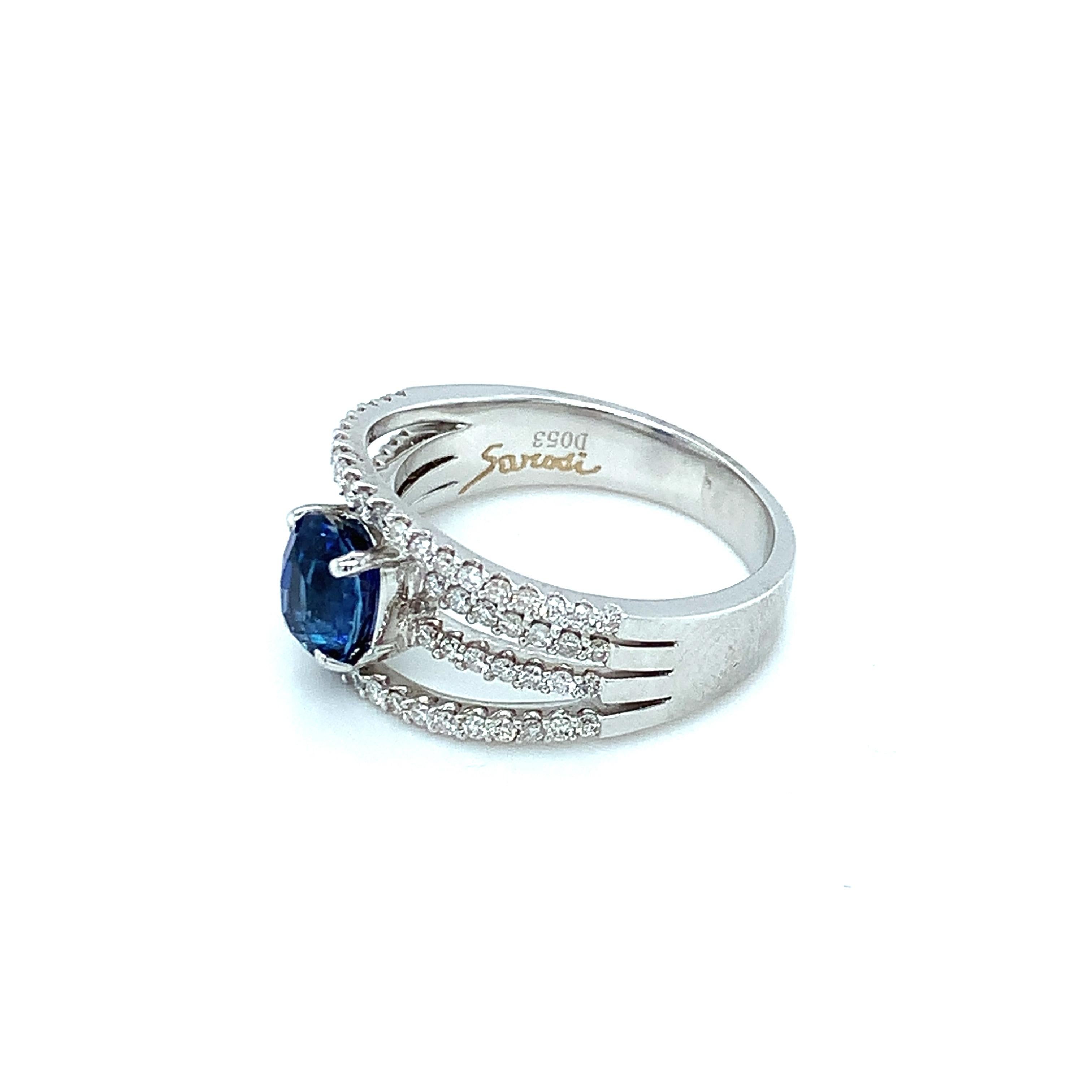Royal Blue Sapphire and 4-Row Diamond Engagement Ring in White Gold, 1.56 Carat  For Sale 1