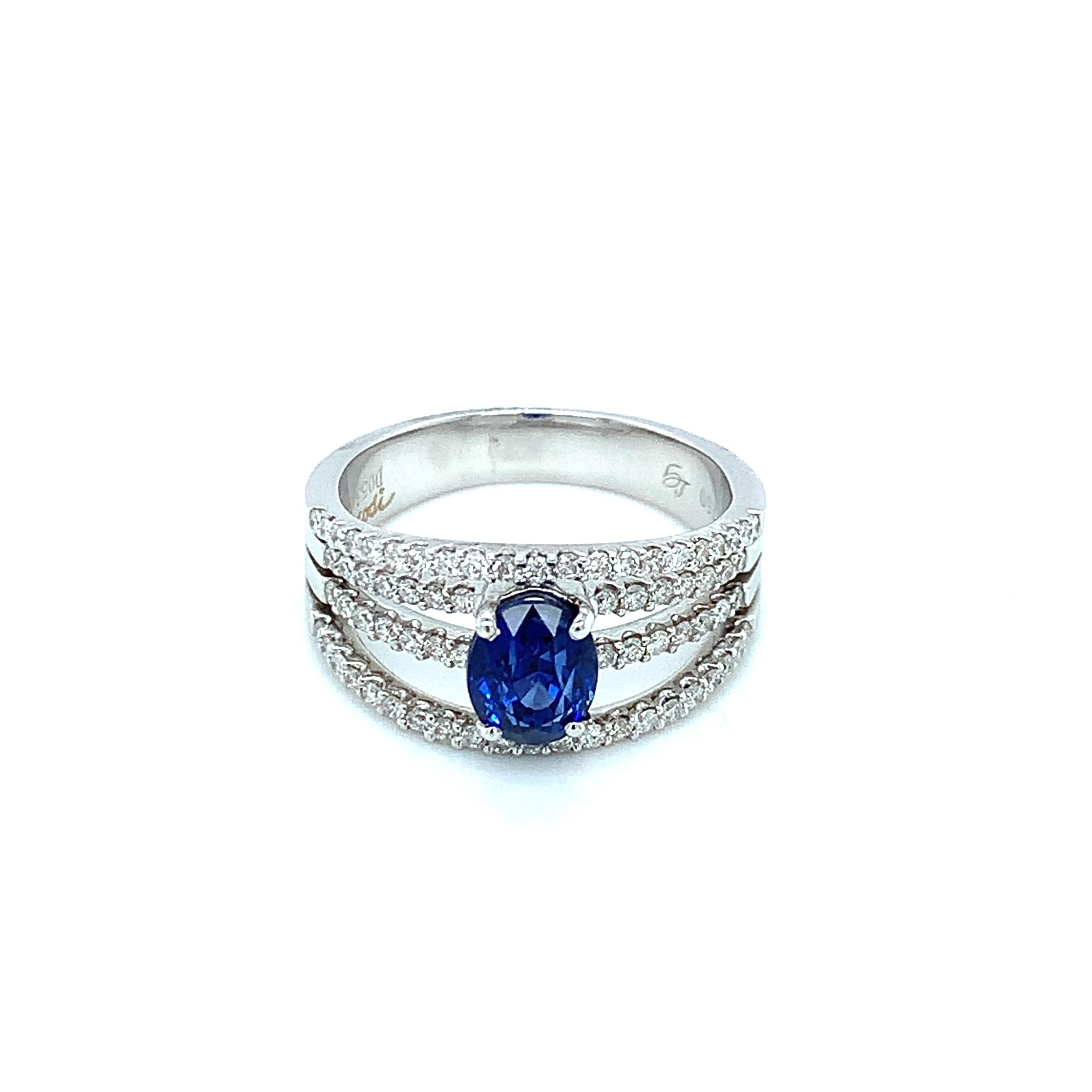 Royal Blue Sapphire and 4-Row Diamond Engagement Ring in White Gold, 1.56 Carat  For Sale 2