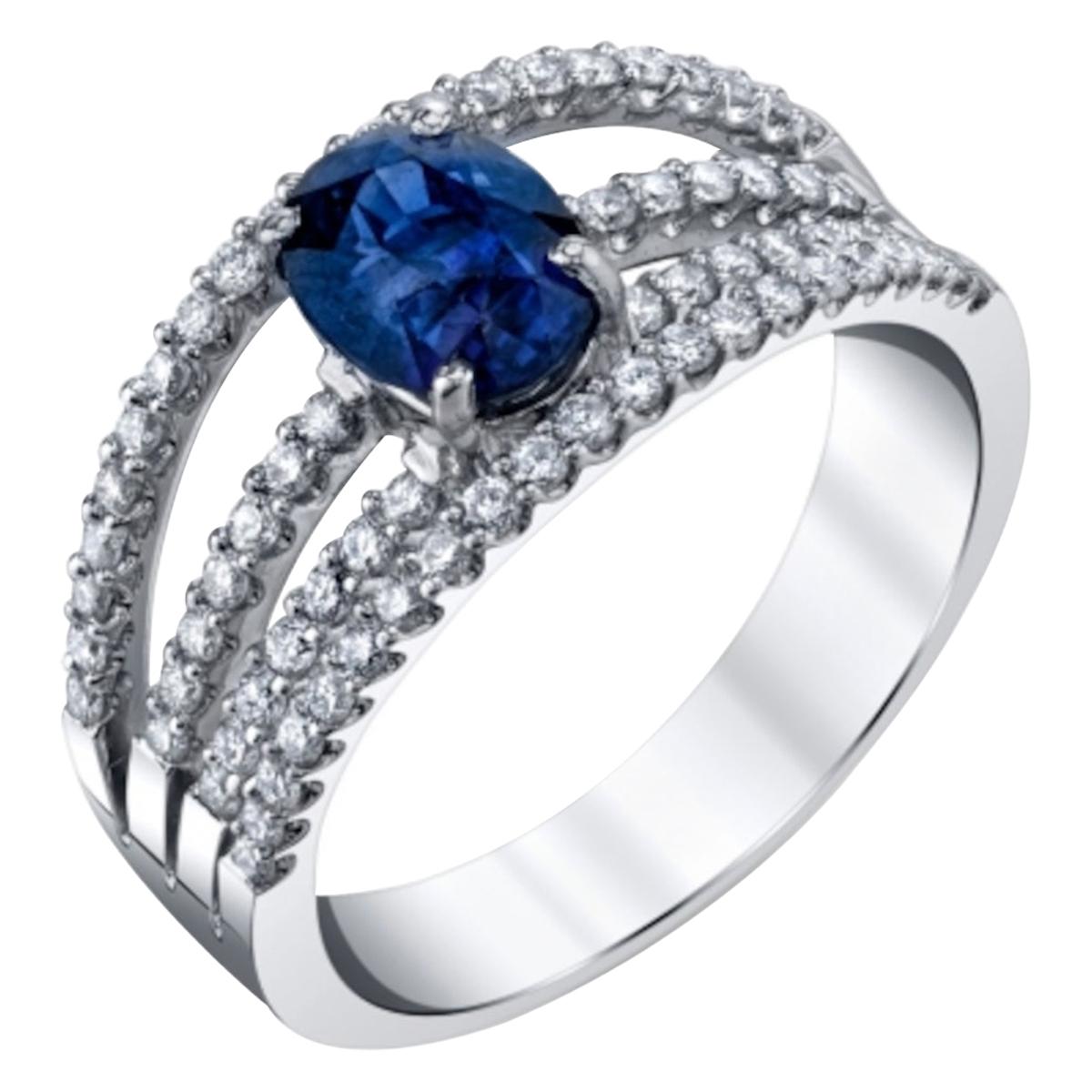 Royal Blue Sapphire and 4-Row Diamond Engagement Ring in White Gold, 1.56 Carat 