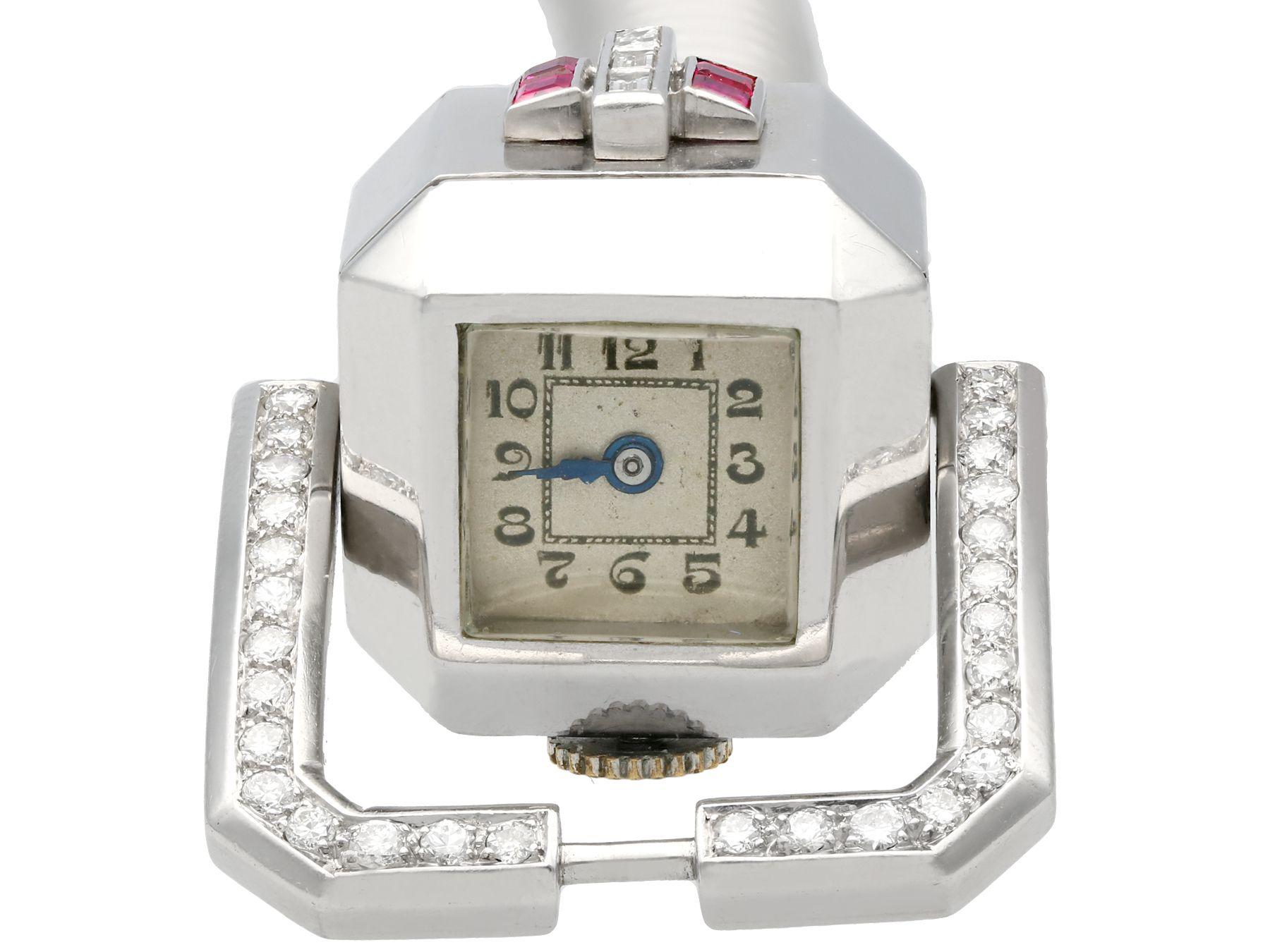 Round Cut 1.56 Carat Ruby 1.02 Carat Diamond Ladies Cocktail Watch in White Gold Art Deco For Sale