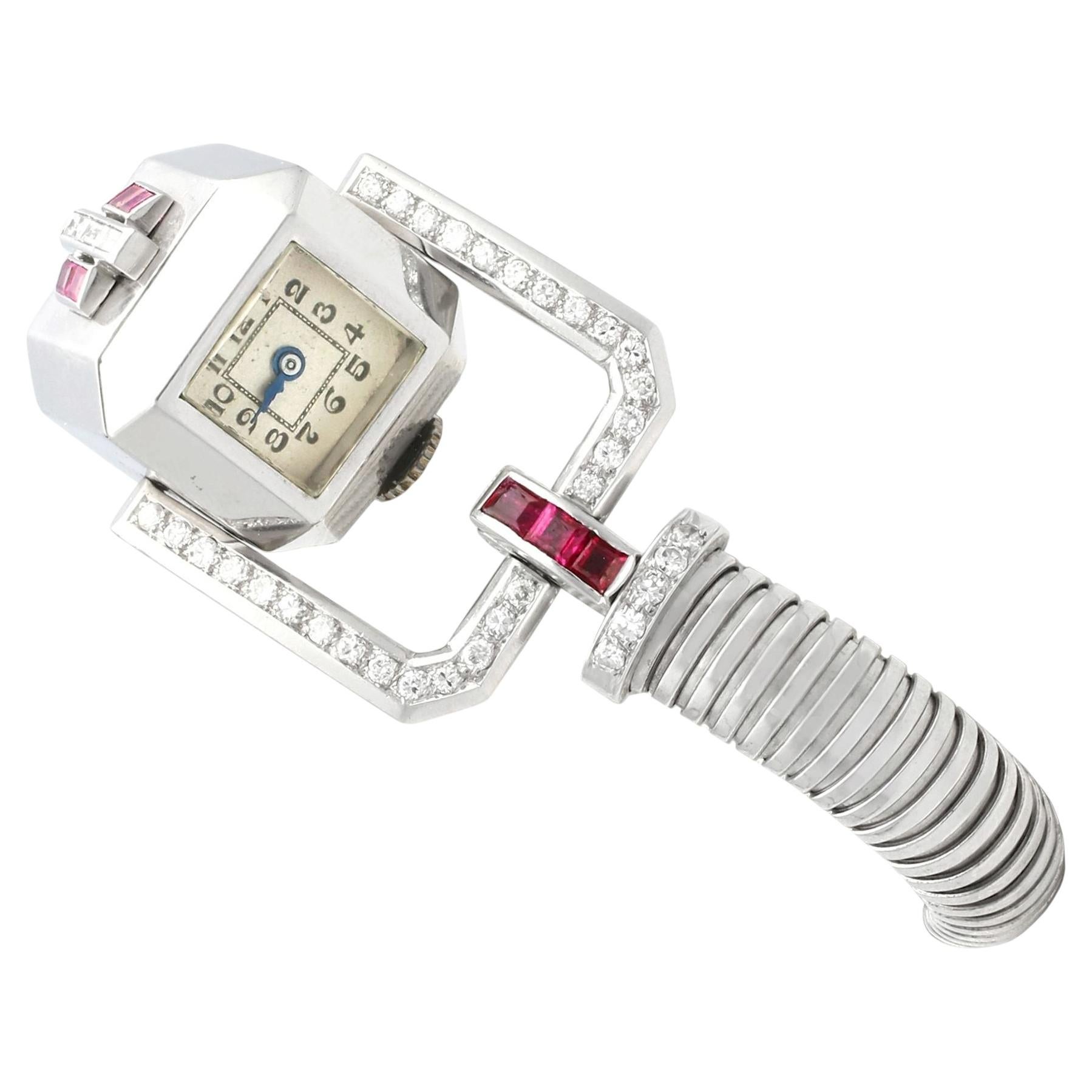 1,56 Karat Rubin 1,02 Karat Diamant Damen-Cocktailuhr in Weißgold Art Deco im Angebot