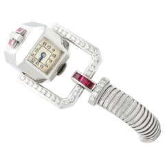 1.56 Carat Ruby 1.02 Carat Diamond Ladies Cocktail Watch in White Gold Art Deco
