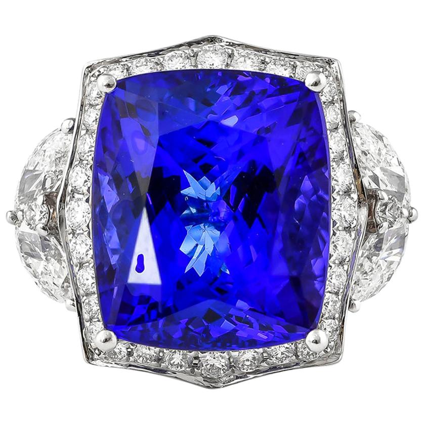 Sunita Nahata Tanzanite 15.60ct. Fancy Ring in 18K White Gold with Diamond. For Sale