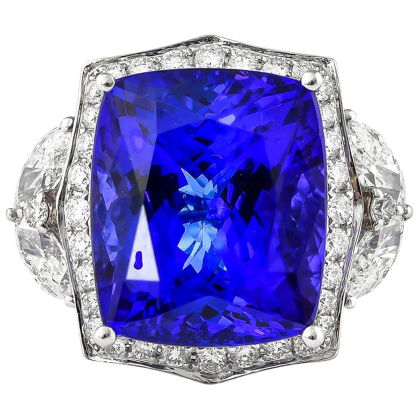 15.6 Carat Tanzanite and White Diamond Ring in 18 Karat White Gold For Sale