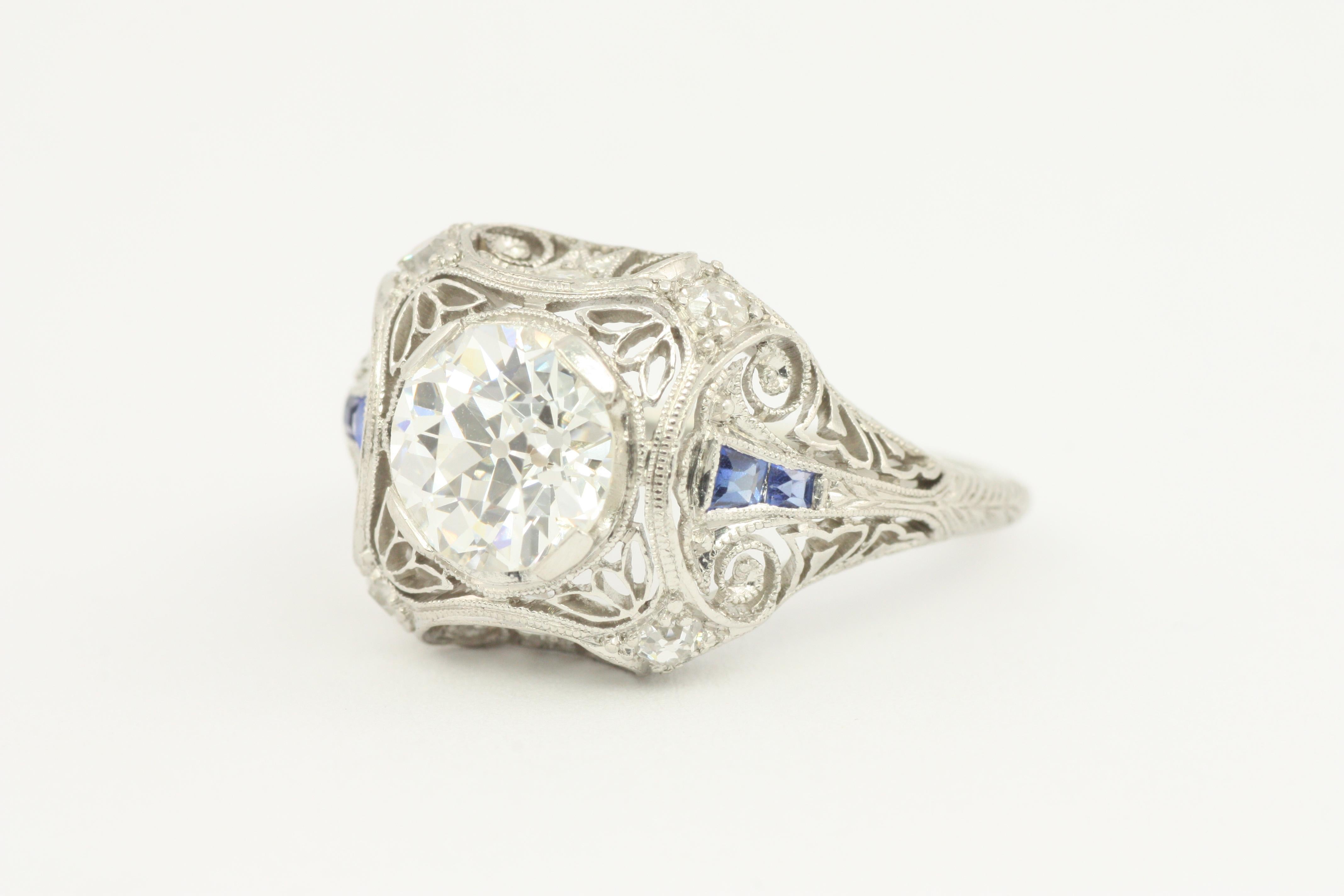Old European Cut 1.56 Carat Total Diamond/Sapphire Vintage Filigree Art Deco Engagement Ring 1925 For Sale