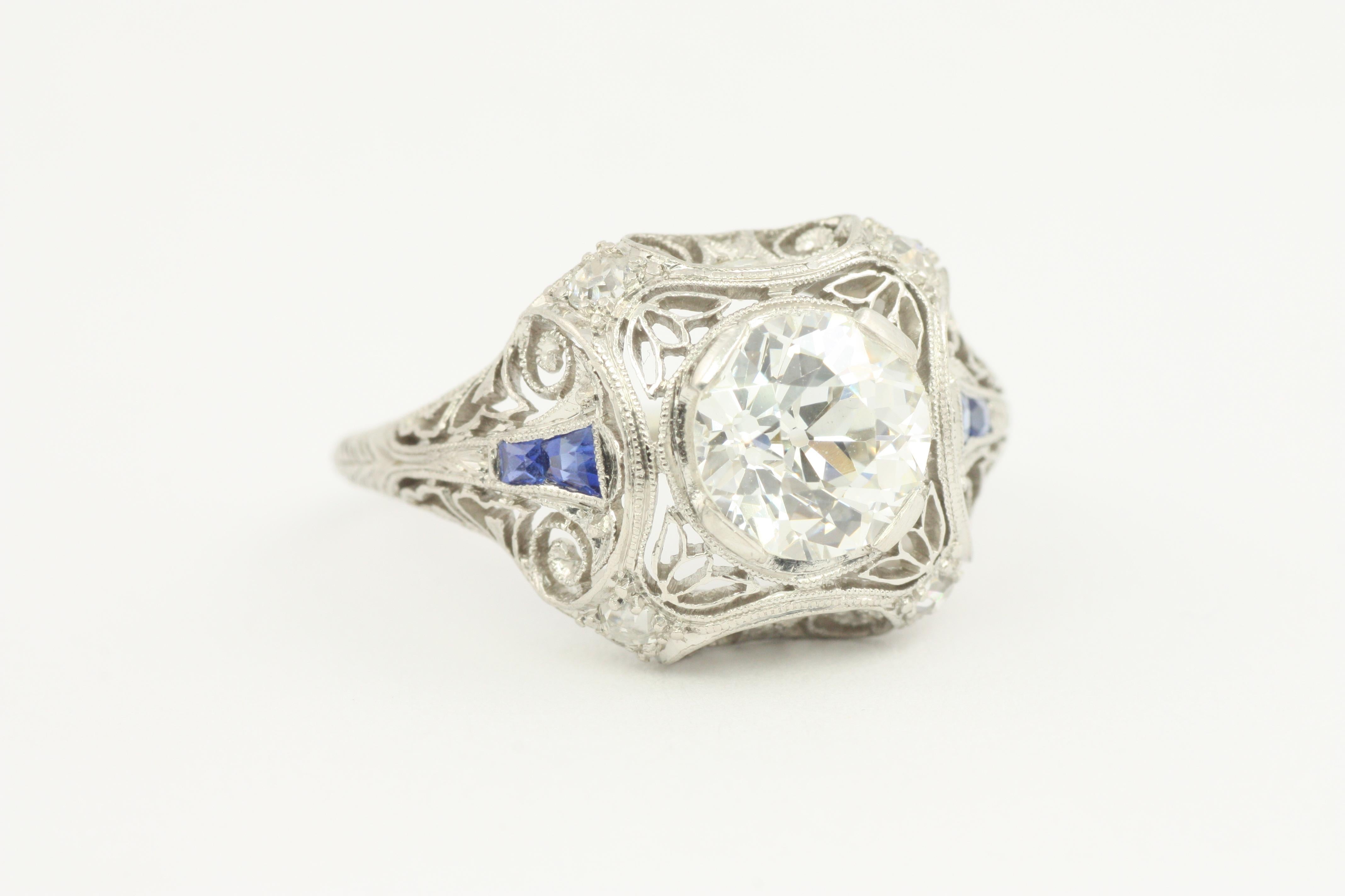 1.56 Carat Total Diamond/Sapphire Vintage Filigree Art Deco Engagement Ring 1925 In Excellent Condition For Sale In Venice, CA