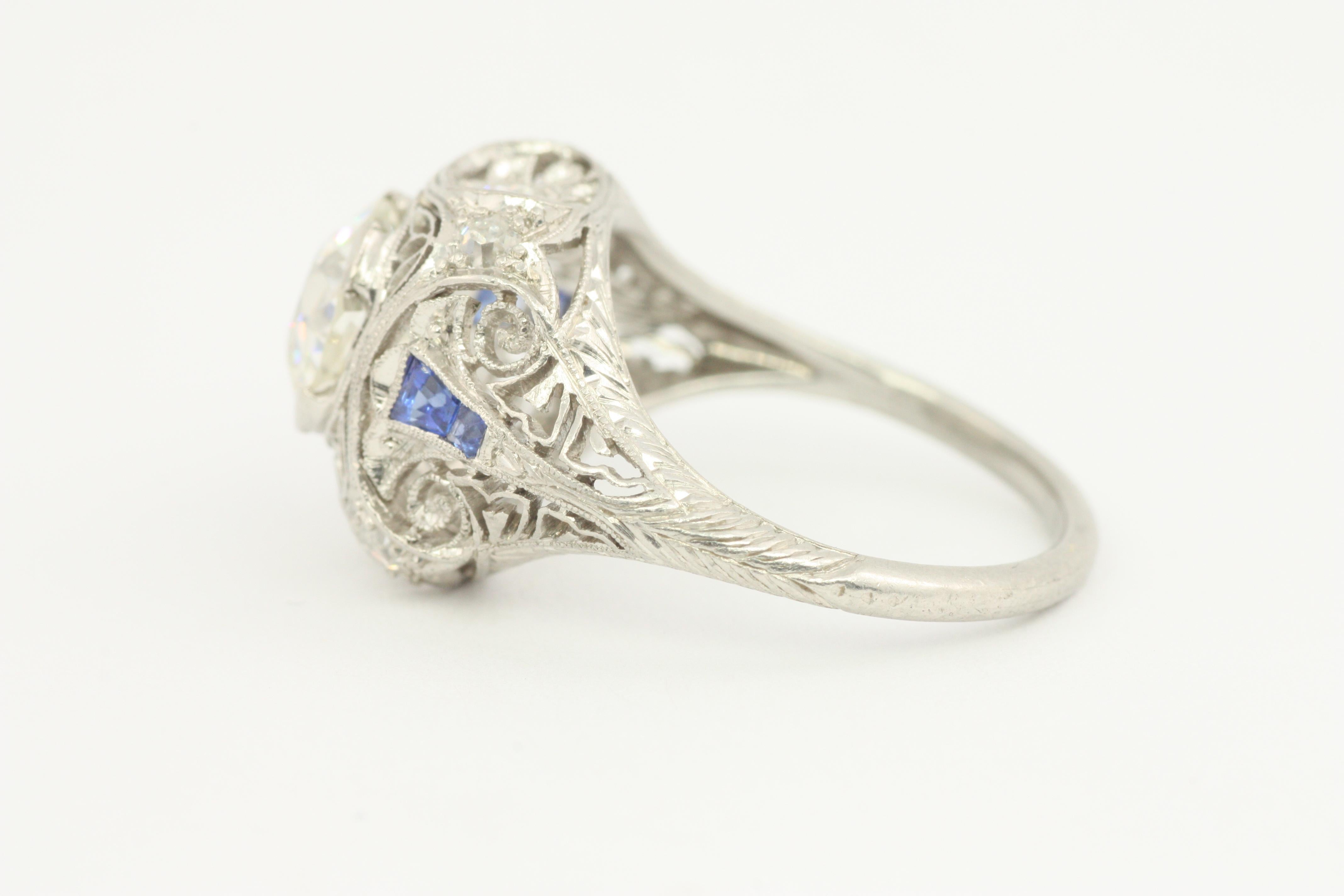 Women's 1.56 Carat Total Diamond/Sapphire Vintage Filigree Art Deco Engagement Ring 1925 For Sale