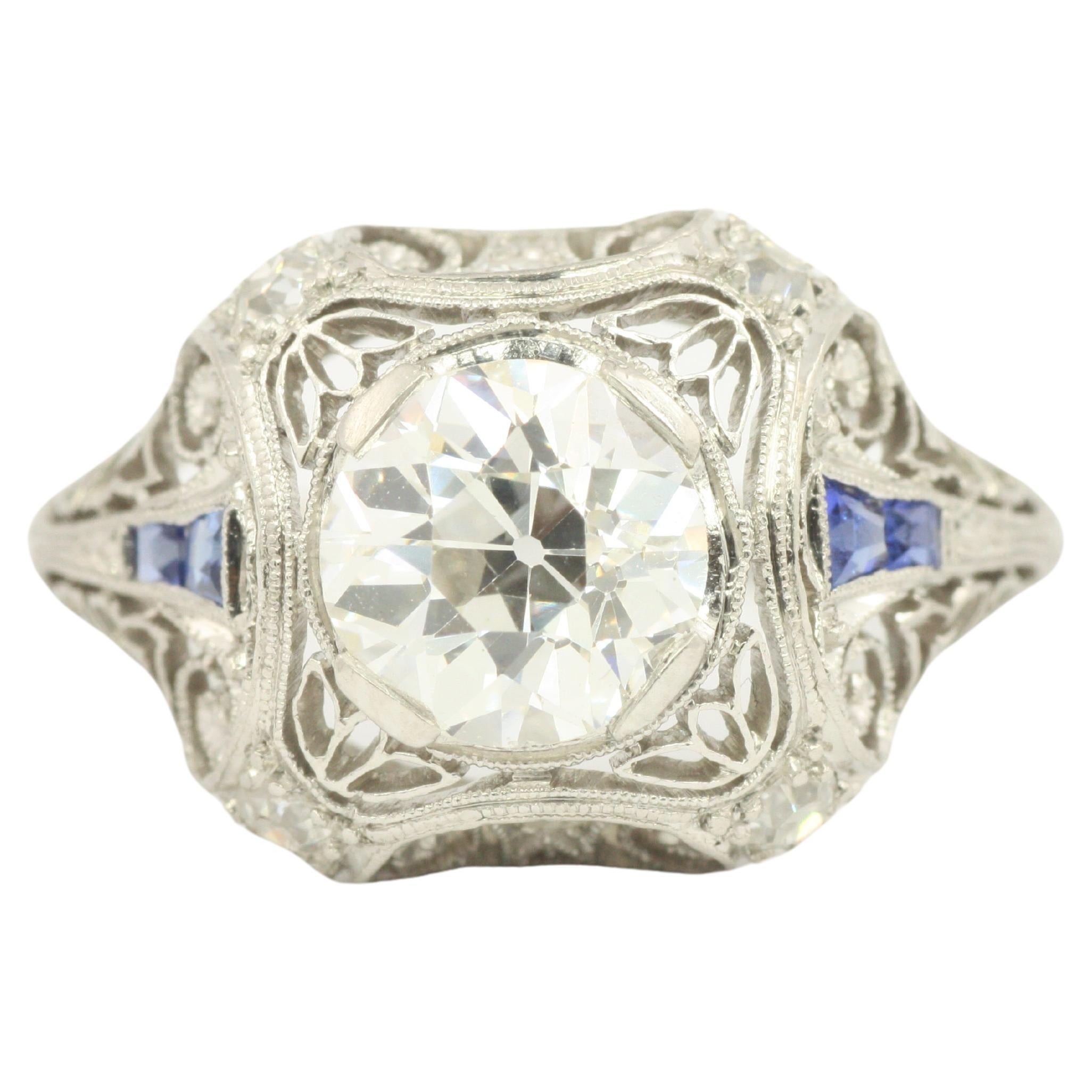 1.56 Carat Total Diamond/Sapphire Vintage Filigree Art Deco Engagement Ring 1925
