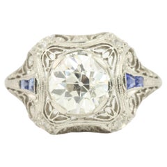 1.56 Carat Total Diamond/Sapphire Vintage Filigree Art Deco Engagement Ring 1925