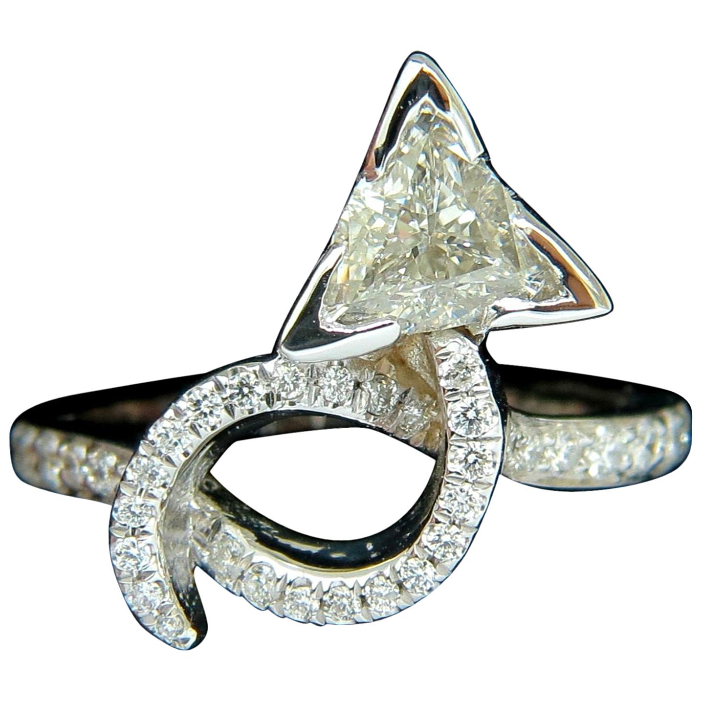 1.56 Carat Trilliant Diamond Crossover Ring Modern Era 14 Karat For Sale