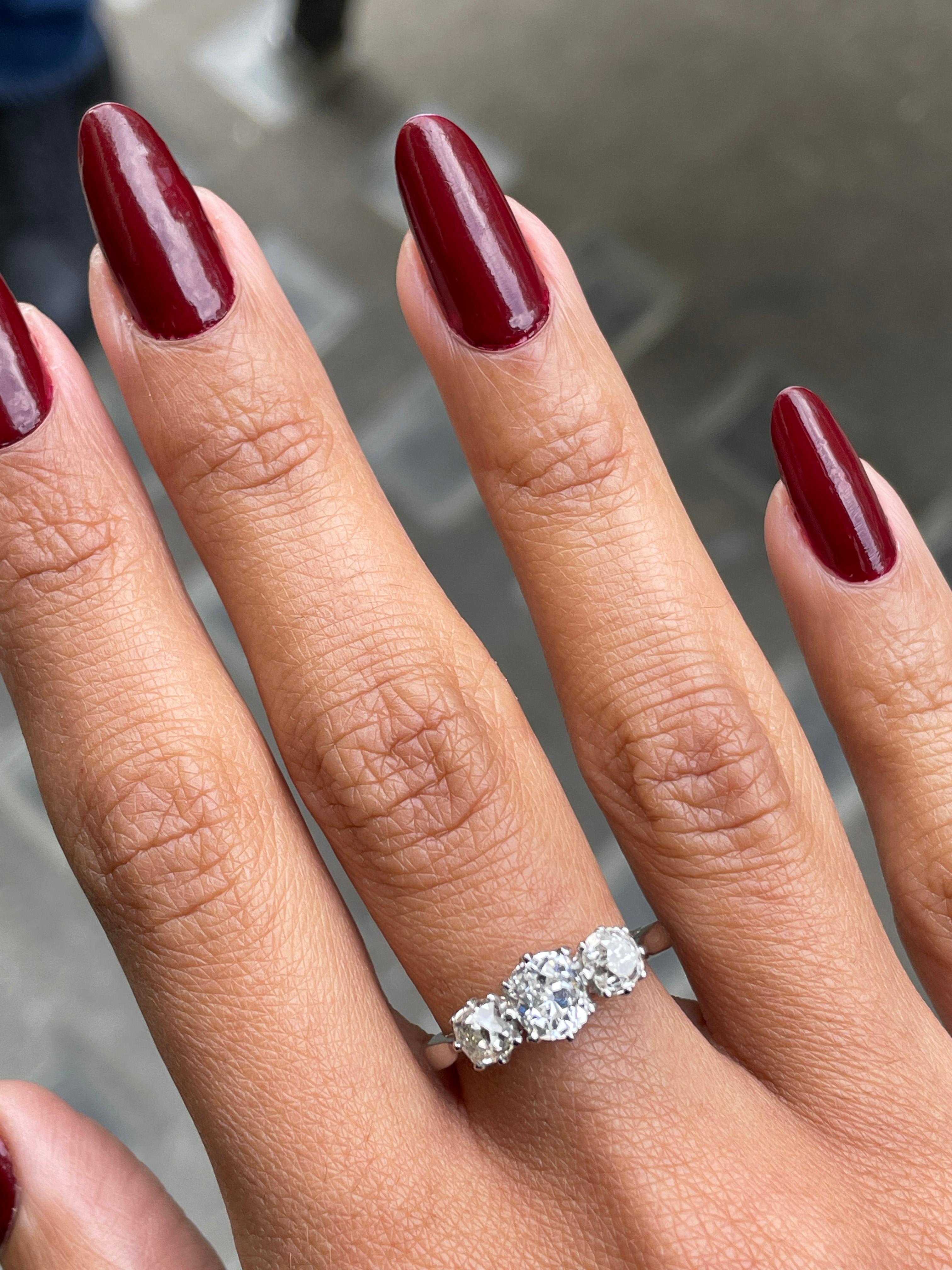 Women's 1.56 Carat Victorian Old Cut Diamond Three-Stone Platinum Engagement Ring For Sale