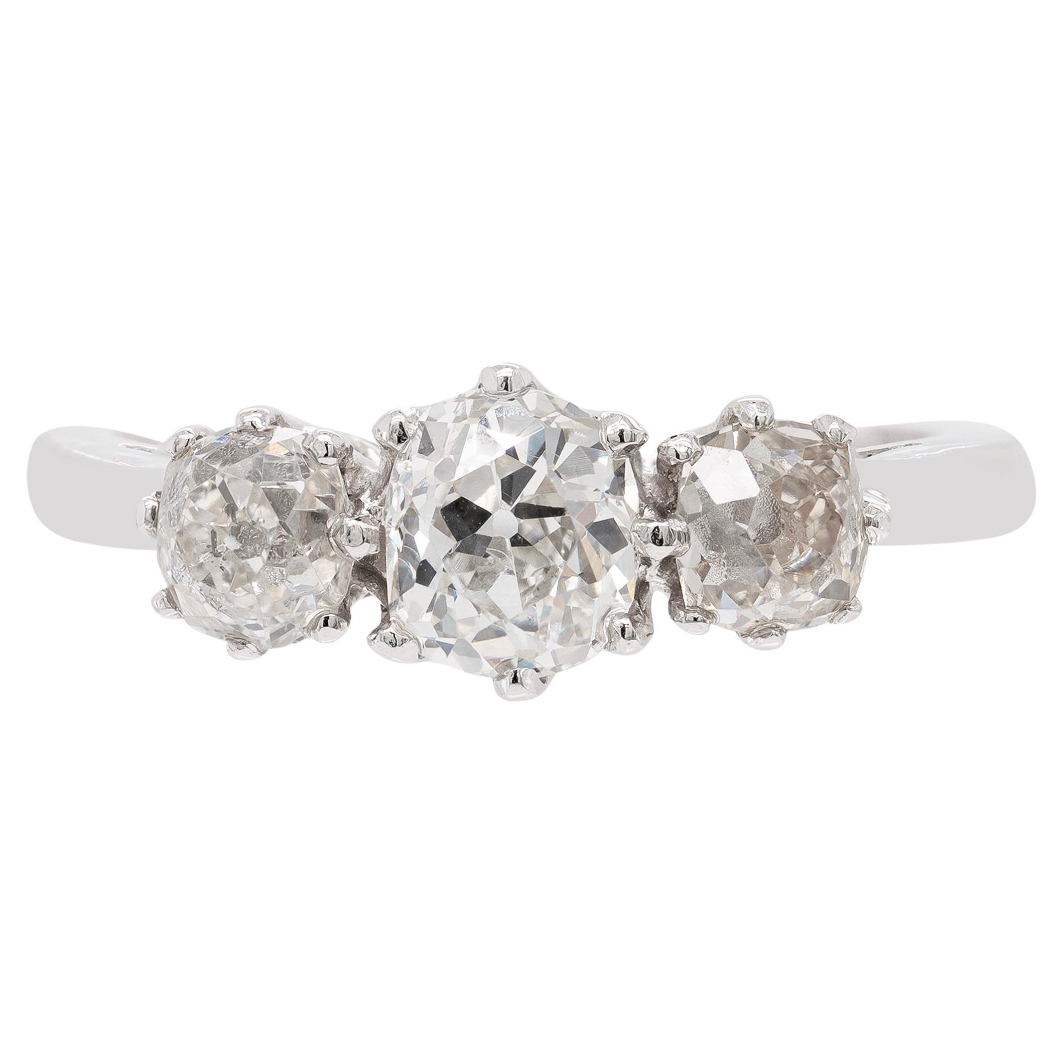 1.56 Carat Victorian Old Cut Diamond Three-Stone Platinum Engagement Ring For Sale