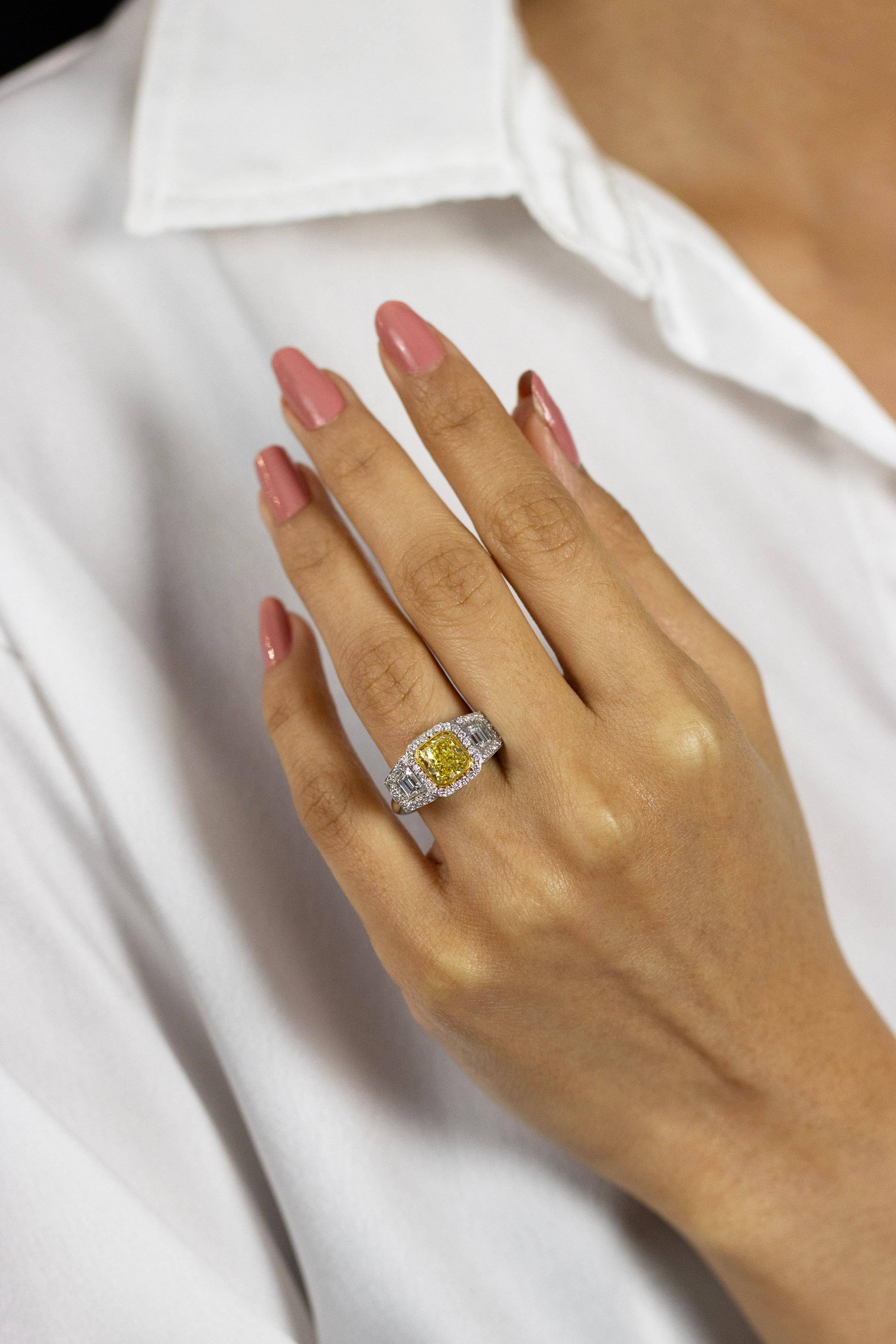 Contemporary GIA 1.56 Carats Fancy Intense Yellow Diamond Three-Stone Engagement Ring For Sale