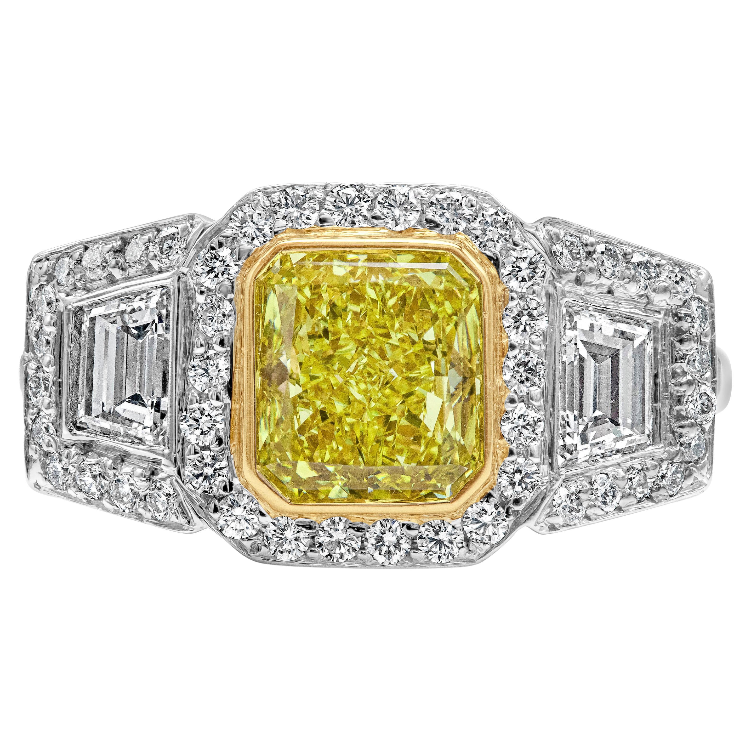 GIA 1.56 Carats Fancy Intense Yellow Diamond Three-Stone Engagement Ring For Sale