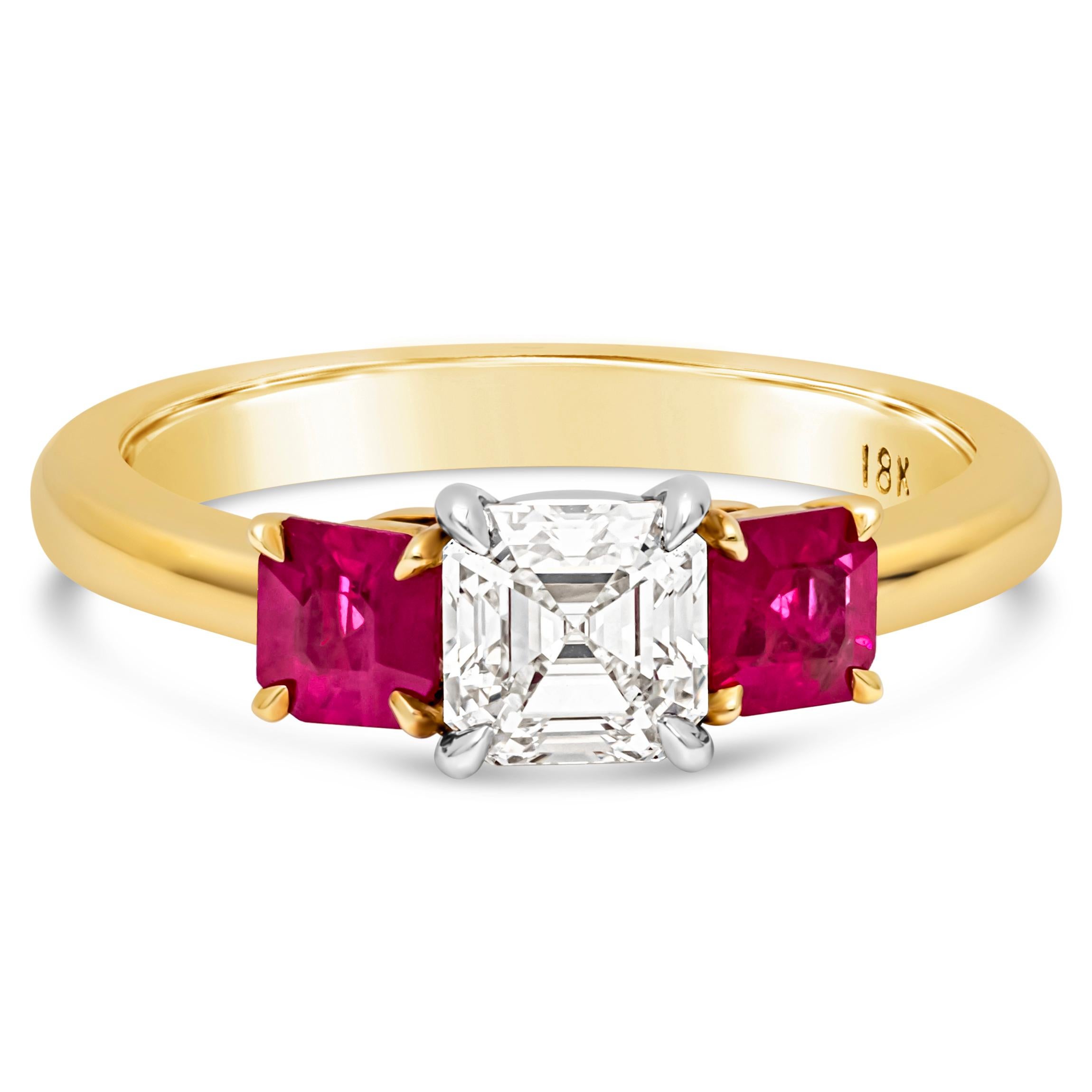 Well crafted three-stone engagement ring featuring a brilliant asscher cut diamond center stone flanked by two asscher cut ruby on each side. Center stone weighs 0.84 carats, G color and VVS2 in clarity set in four prong platinum basket setting.