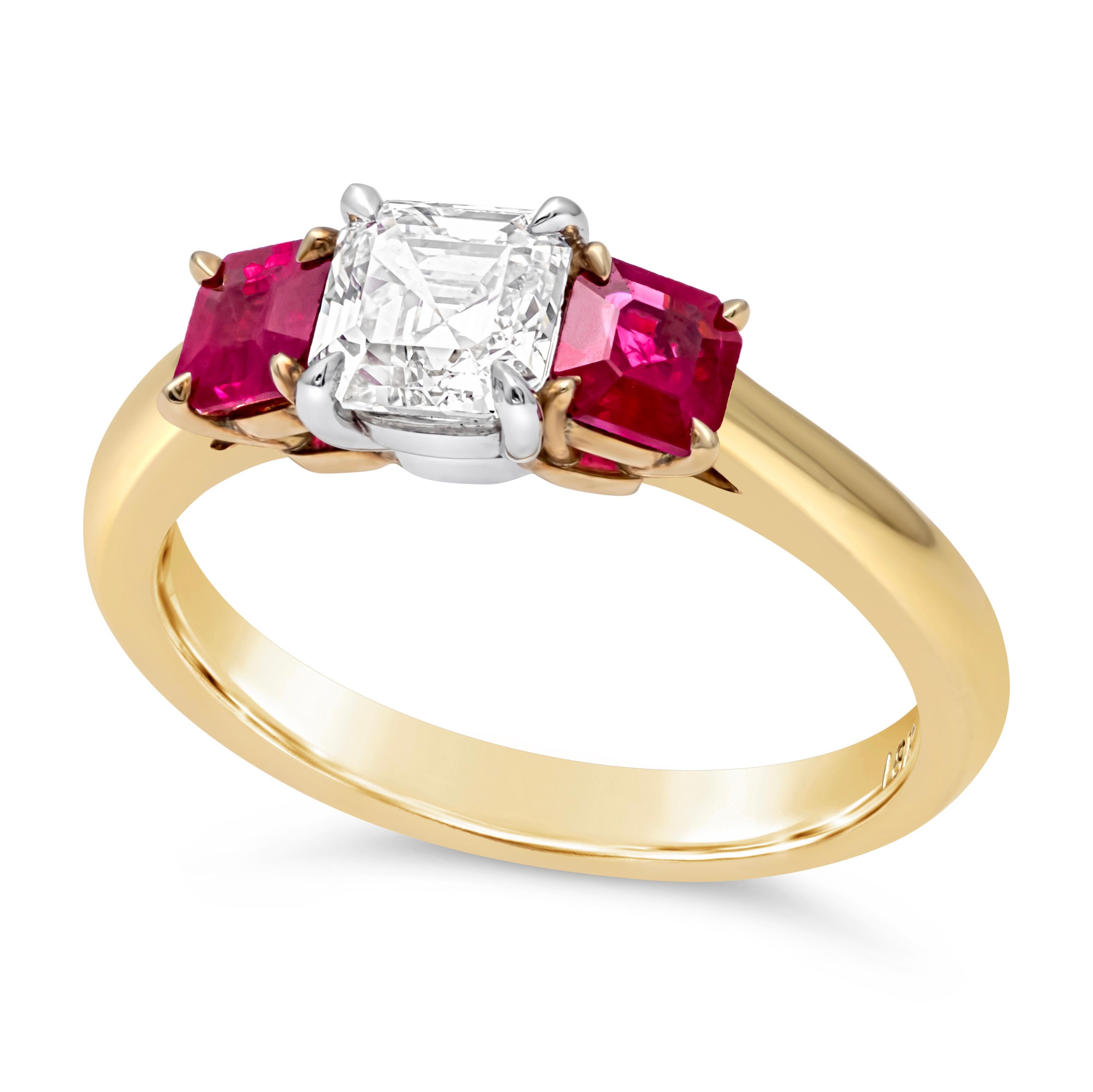 Moderne Bague de fiançailles à trois pierres en diamants et rubis taille Asscher de 1,56 carat au total en vente